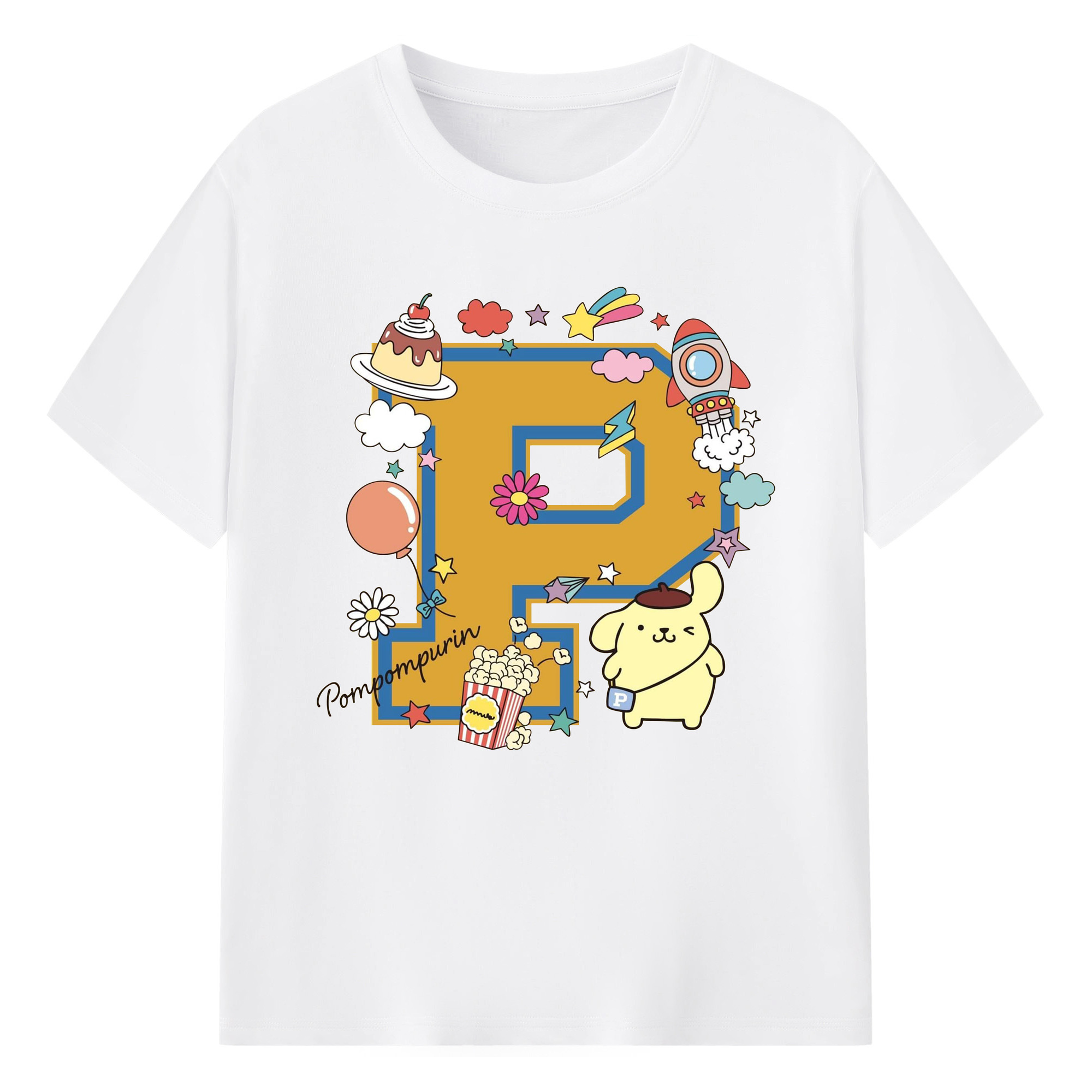 サンリオポムポムプリン - 綿100％ 半袖Tシャツ ・ フロントプリント ・ 快適 通気性 ・ 日常使い 散歩 スポーツ用