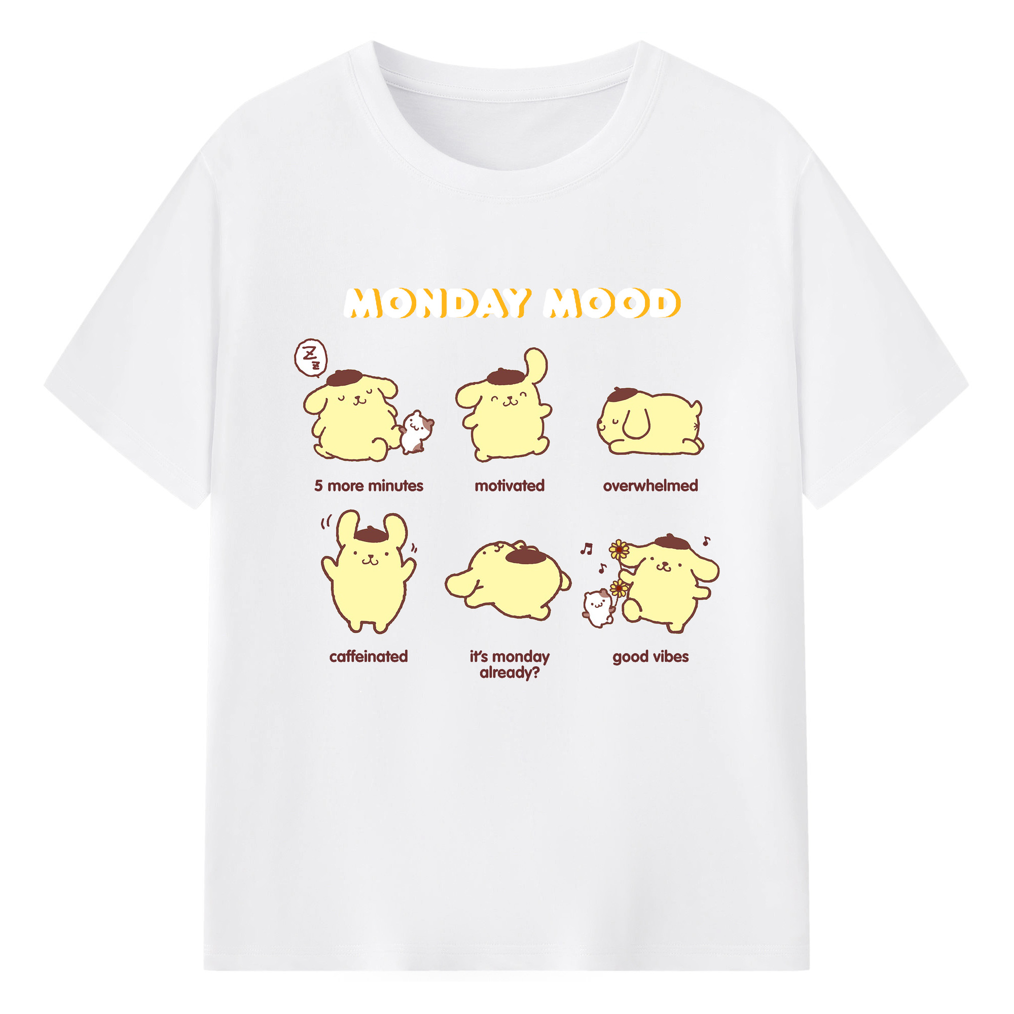 ユニークなデザインのポムポムプリン - 綿100％ 半袖Tシャツ ・ フロントプリント ・ 快適 通気性 ・ 日常使い 散歩 スポーツ用