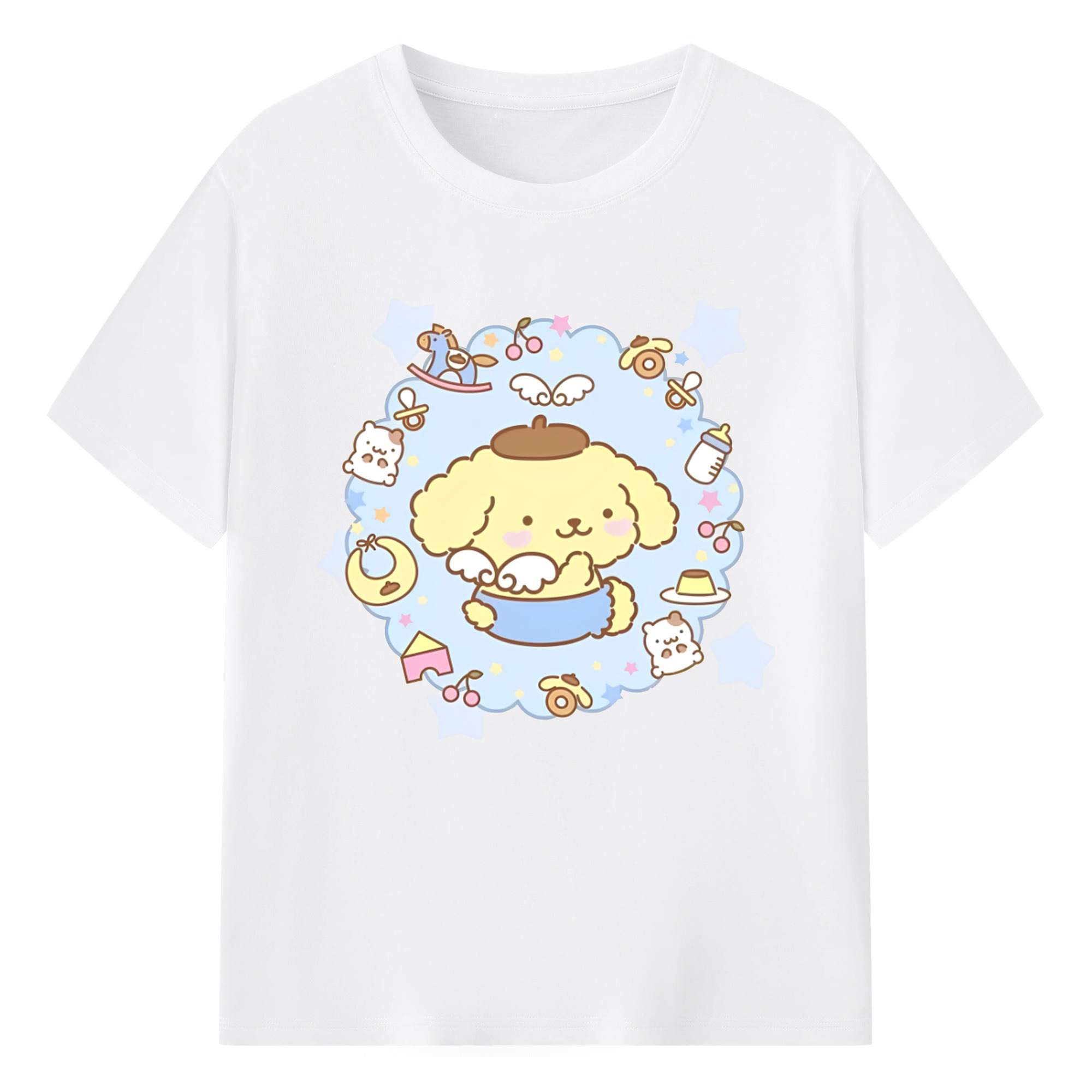 ユニークなデザインのポムポムプリン - 綿100％ 半袖Tシャツ ・ フロントプリント ・ 快適 通気性 ・ 日常使い 散歩 スポーツ用