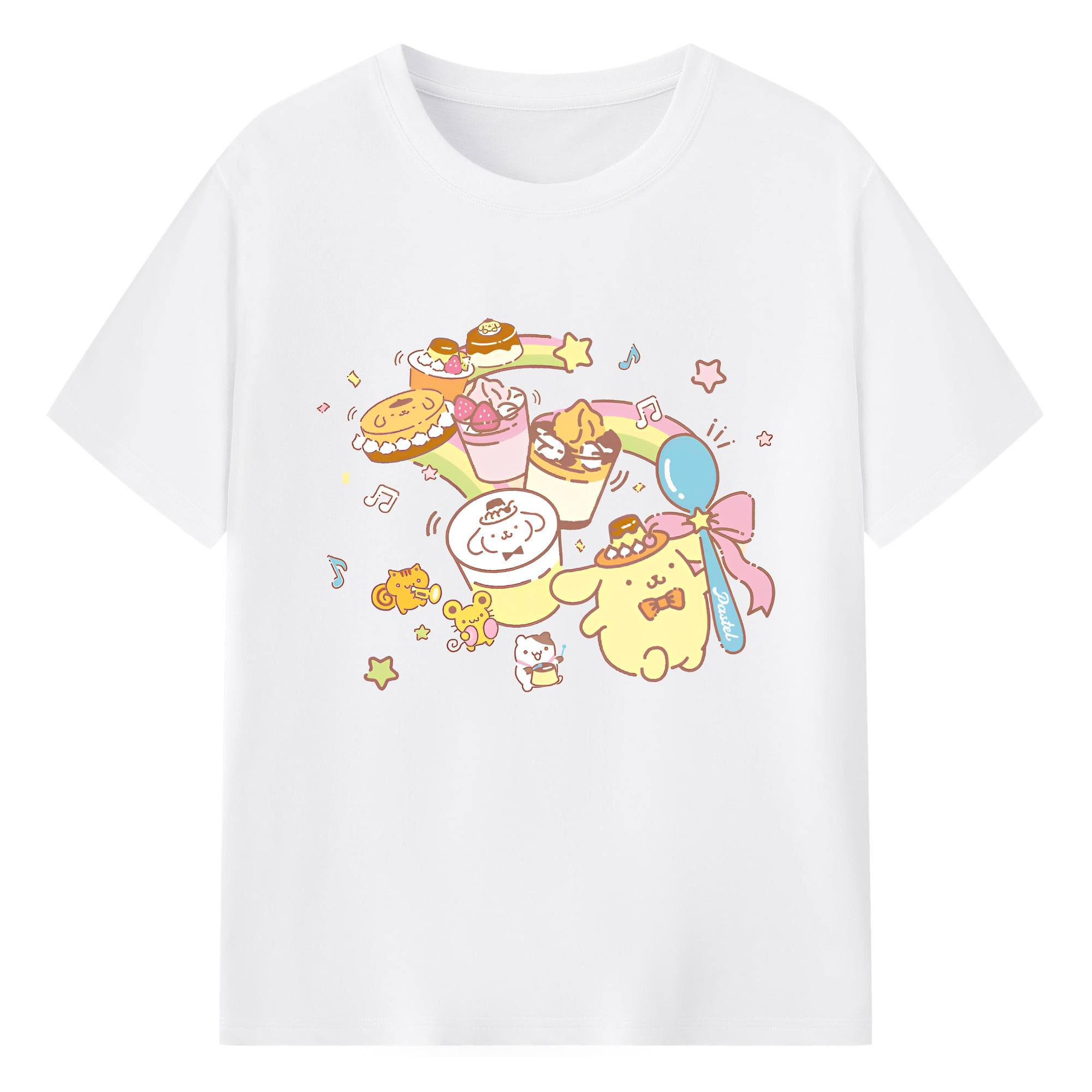 うれしいポムポムプリン - 綿100％ 半袖Tシャツ ・ フロントプリント ・ 快適 通気性 ・ 日常使い 散歩 スポーツ用
