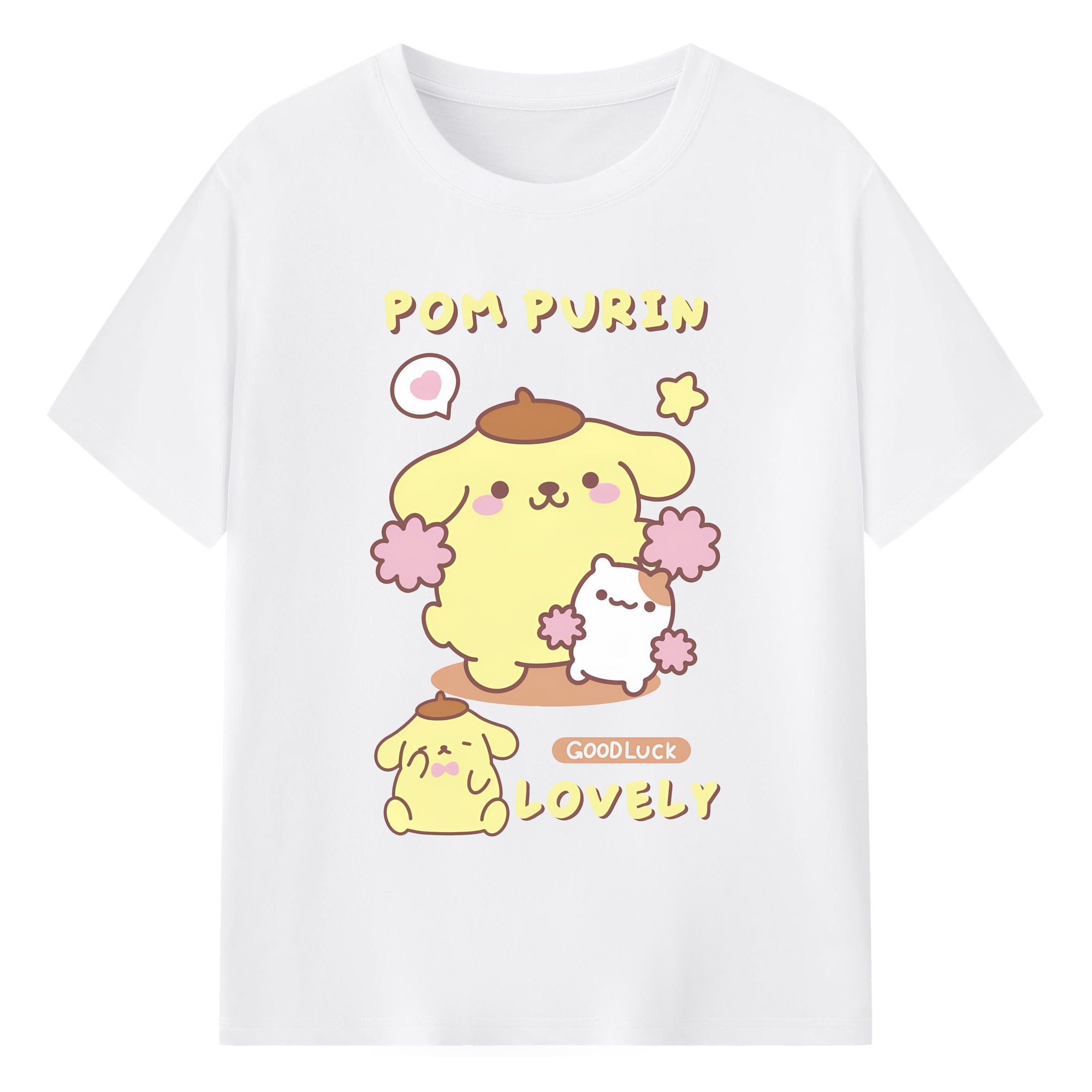 うれしいポムポムプリン - 綿100％ 半袖Tシャツ ・ フロントプリント ・ 快適 通気性 ・ 日常使い 散歩 スポーツ用