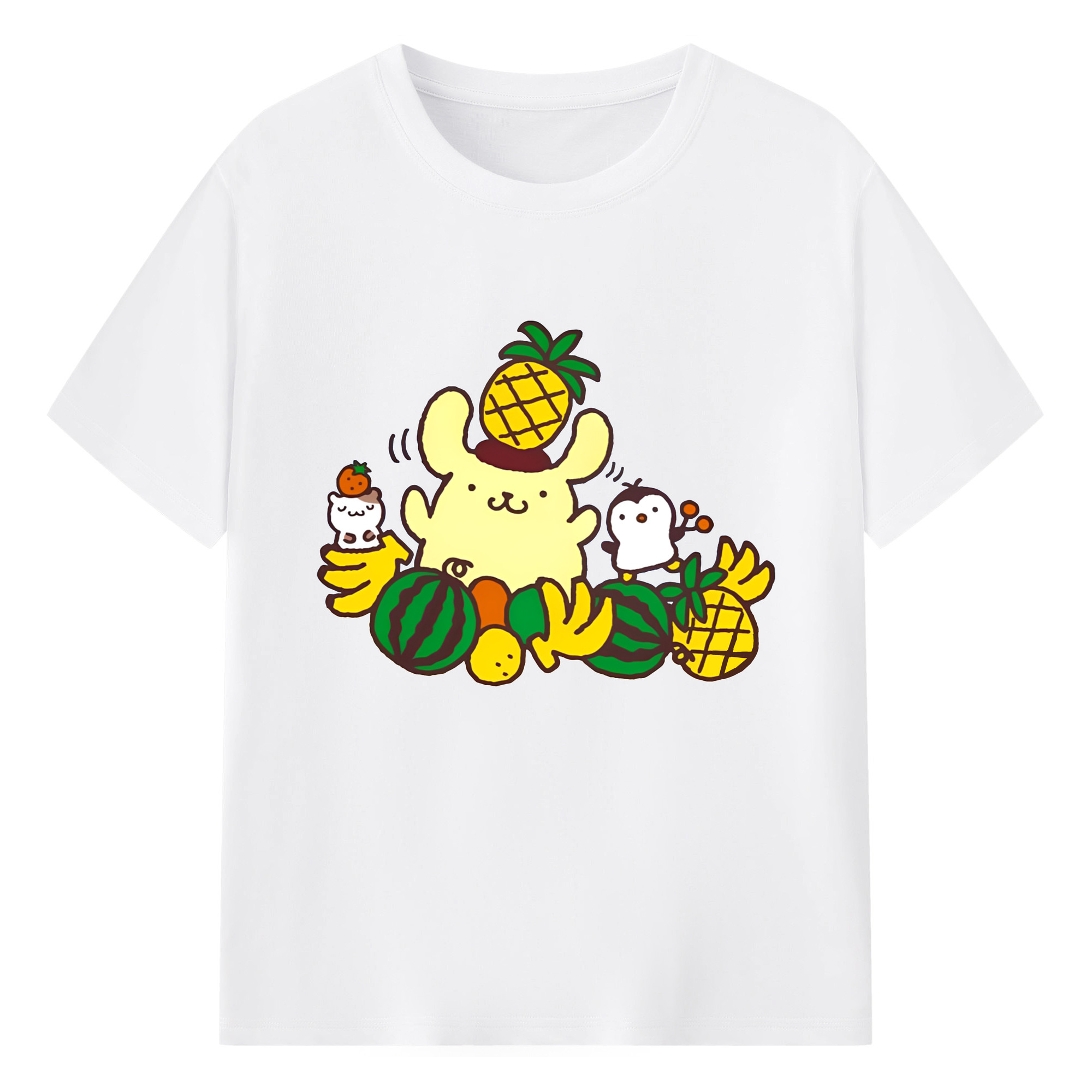 フルーツいっぱいのポムポムプリン - 綿100％ 半袖Tシャツ ・ フロントプリント ・ 快適 通気性 ・ 日常使い 散歩 スポーツ用