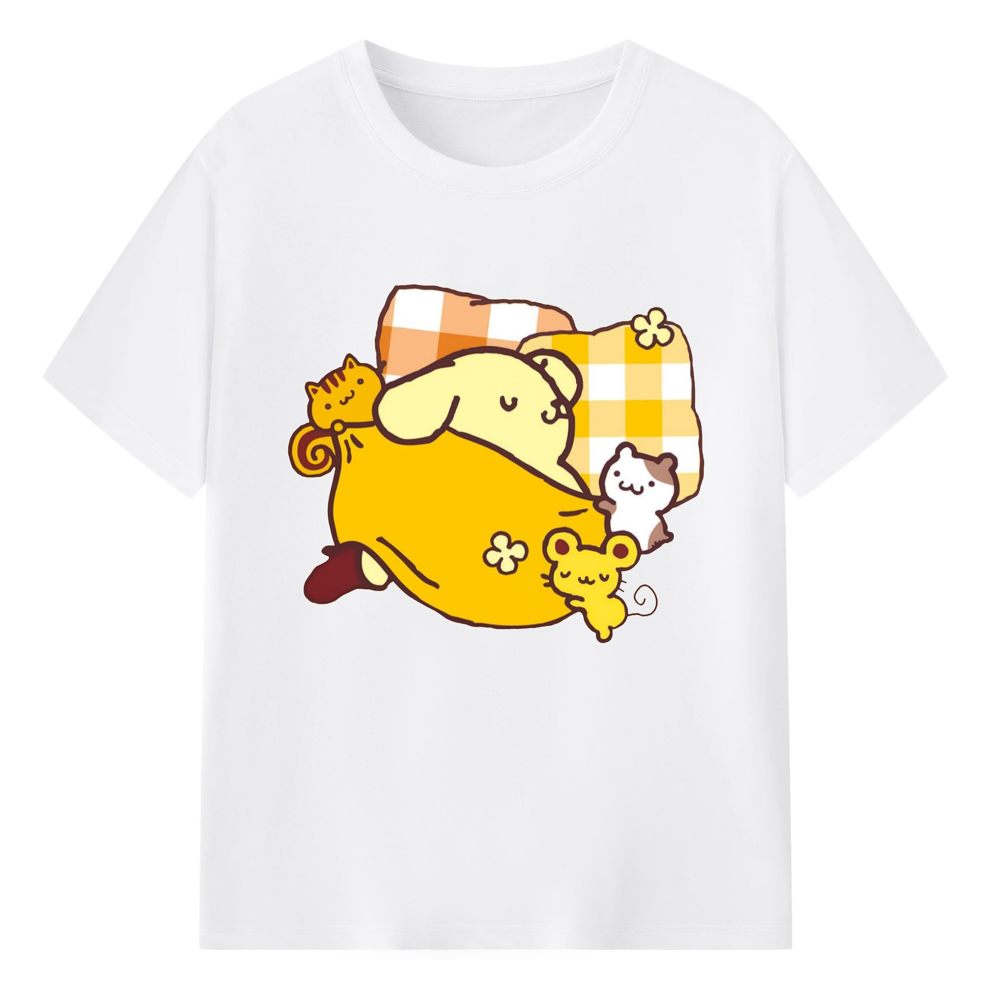 楽しいポムポムプリン - 綿100％ 半袖Tシャツ ・ フロントプリント ・ 快適 通気性 ・ 日常使い 散歩 スポーツ用