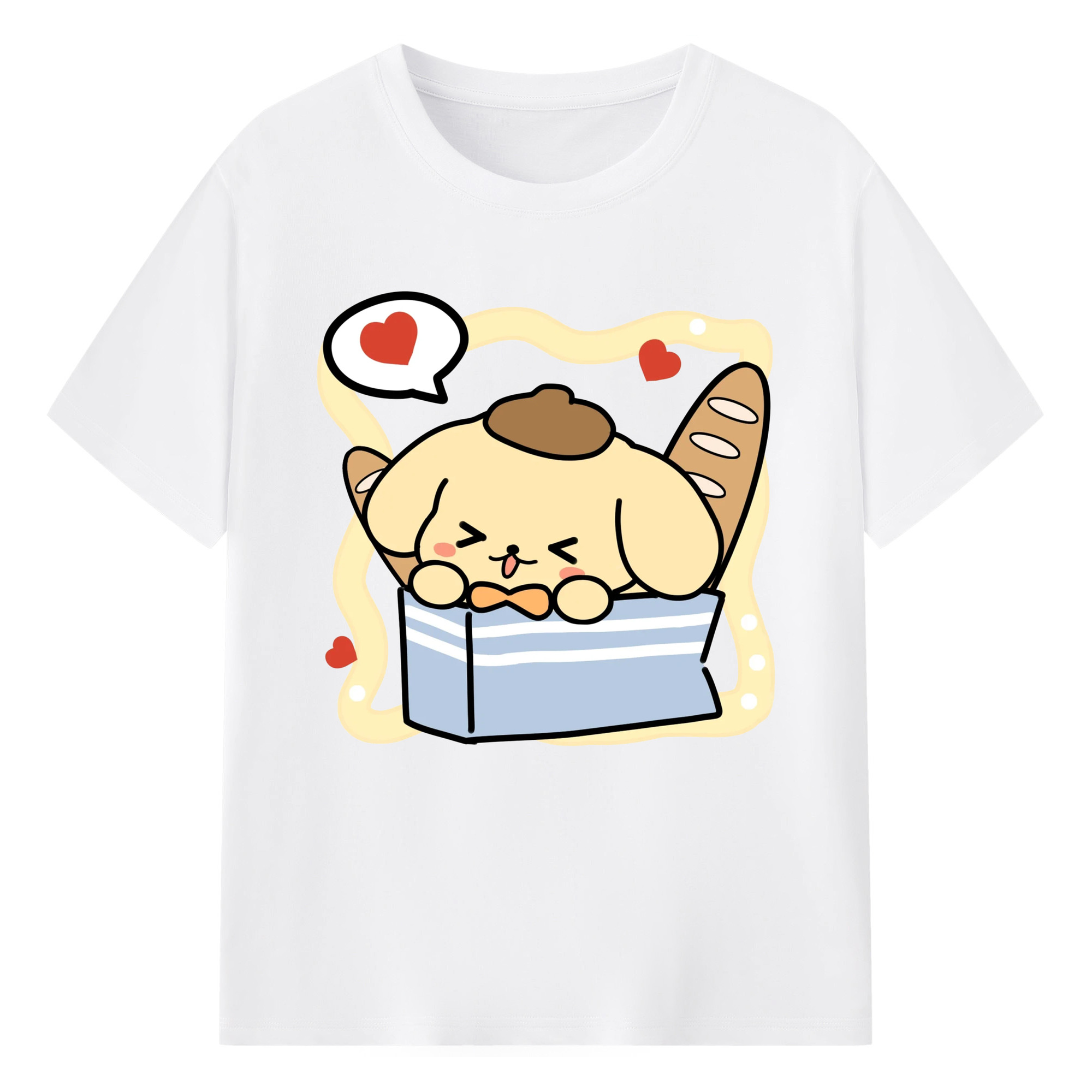 パン好きのポムポムプリン - 綿100％ 半袖Tシャツ ・ フロントプリント ・ 快適 通気性 ・ 日常使い 散歩 スポーツ用