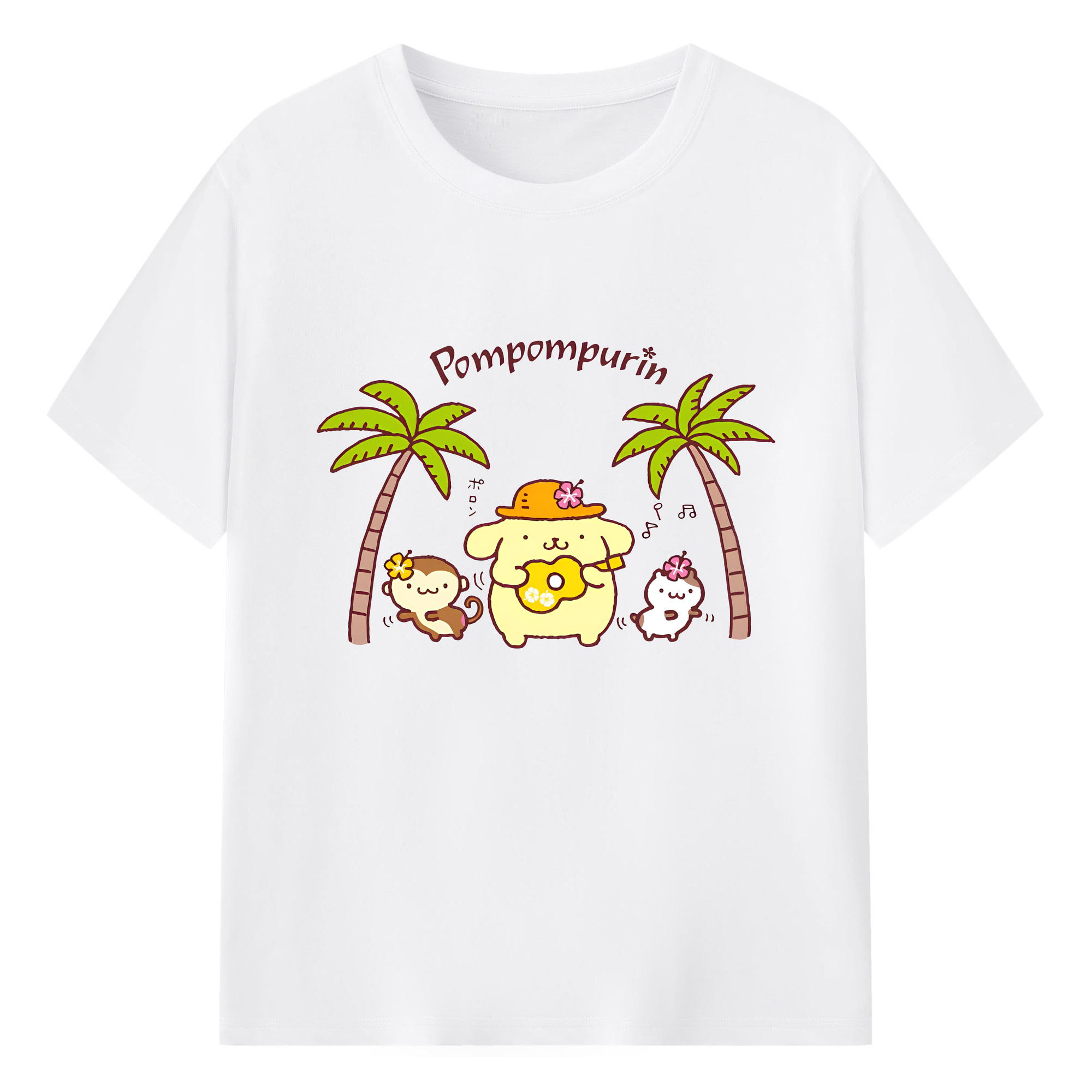 サマーポムポムプリン - 綿100％ 半袖Tシャツ ・ フロントプリント ・ 快適 通気性 ・ 日常使い 散歩 スポーツ用