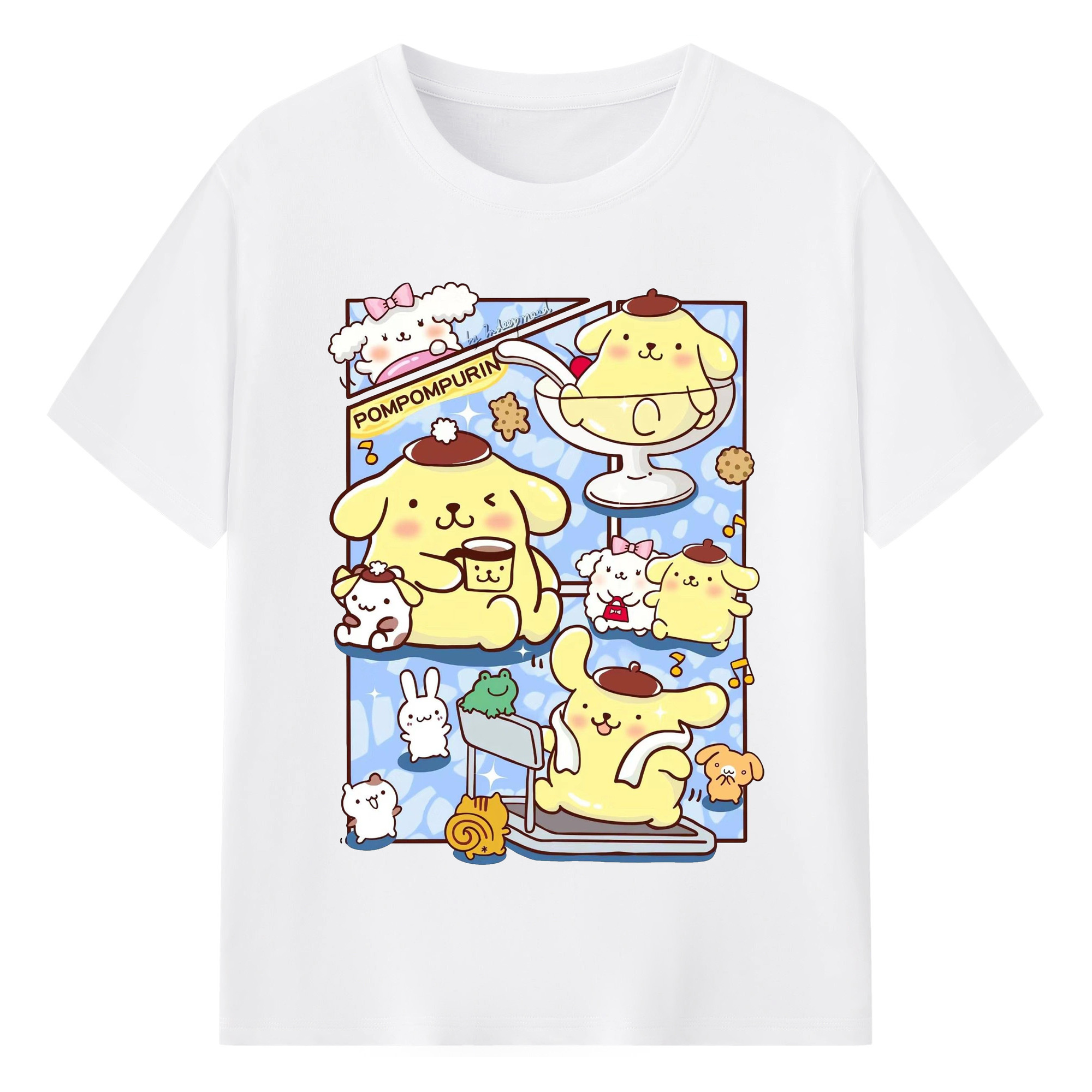 パッチワークデザインのポムポムプリン - 綿100％ 半袖Tシャツ ・ フロントプリント ・ 快適 通気性 ・ 日常使い 散歩 スポーツ用