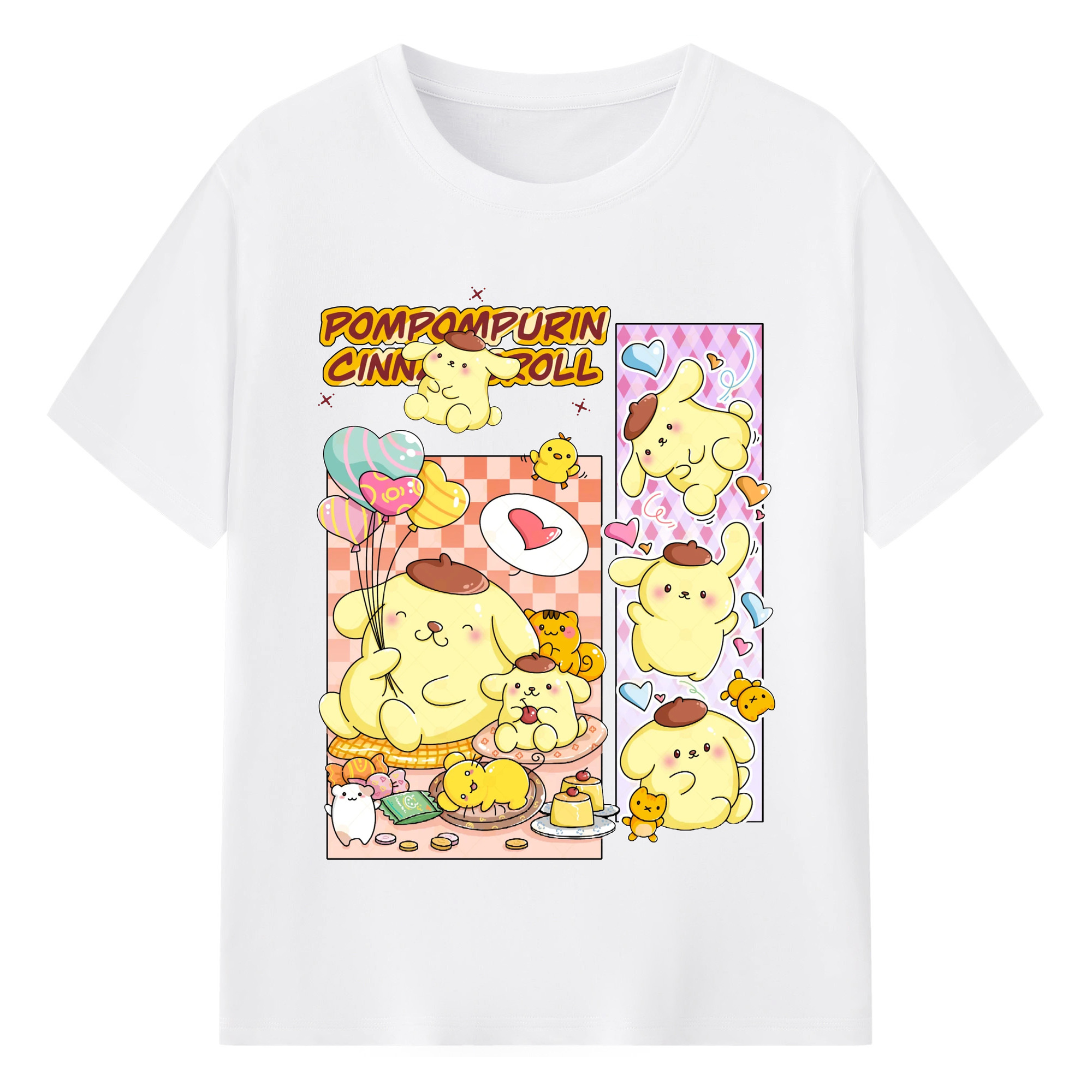 パッチワークデザインのポムポムプリン - 綿100％ 半袖Tシャツ ・ フロントプリント ・ 快適 通気性 ・ 日常使い 散歩 スポーツ用