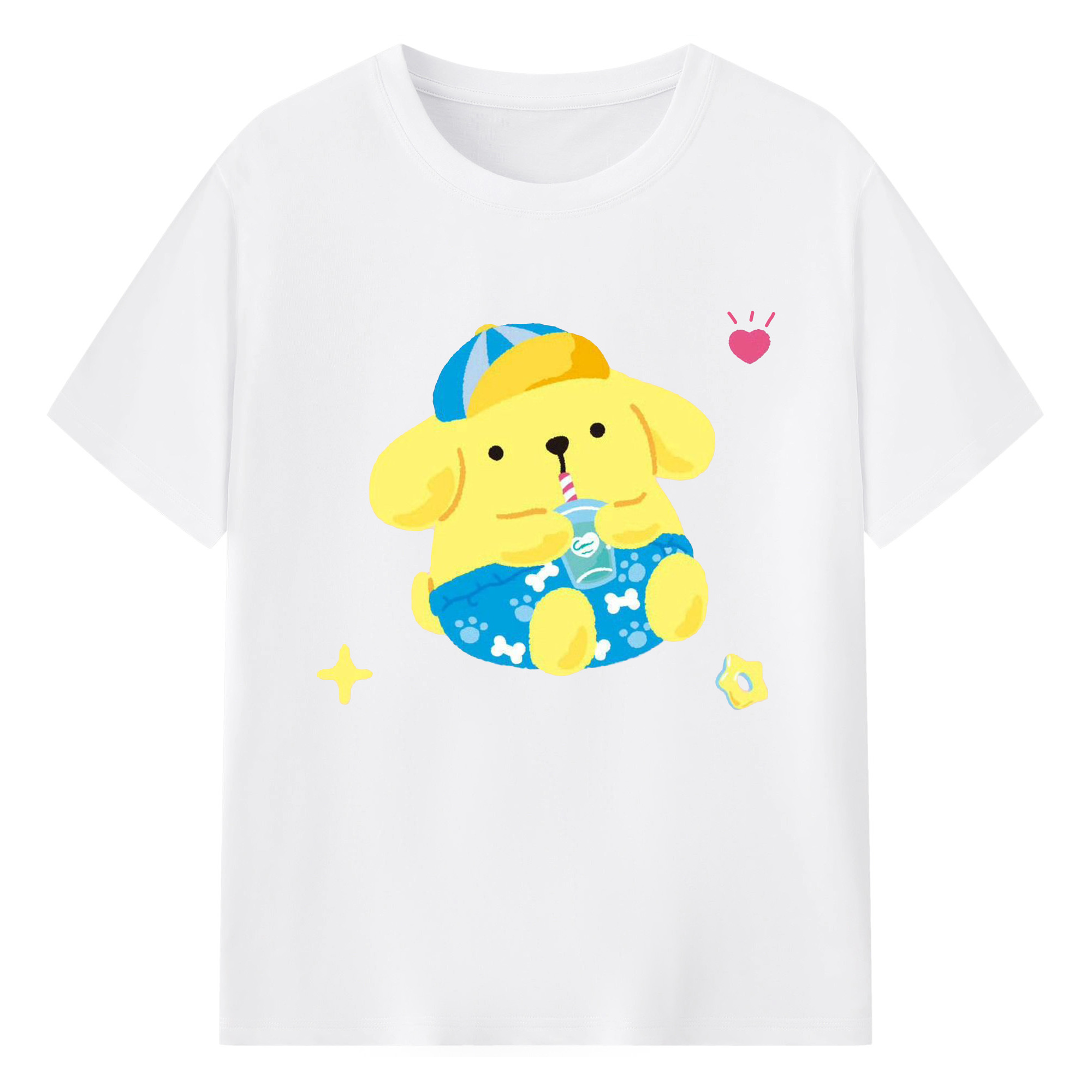 ユニークなデザインのポムポムプリン - 綿100％ 半袖Tシャツ ・ フロントプリント ・ 快適 通気性 ・ 日常使い 散歩 スポーツ用