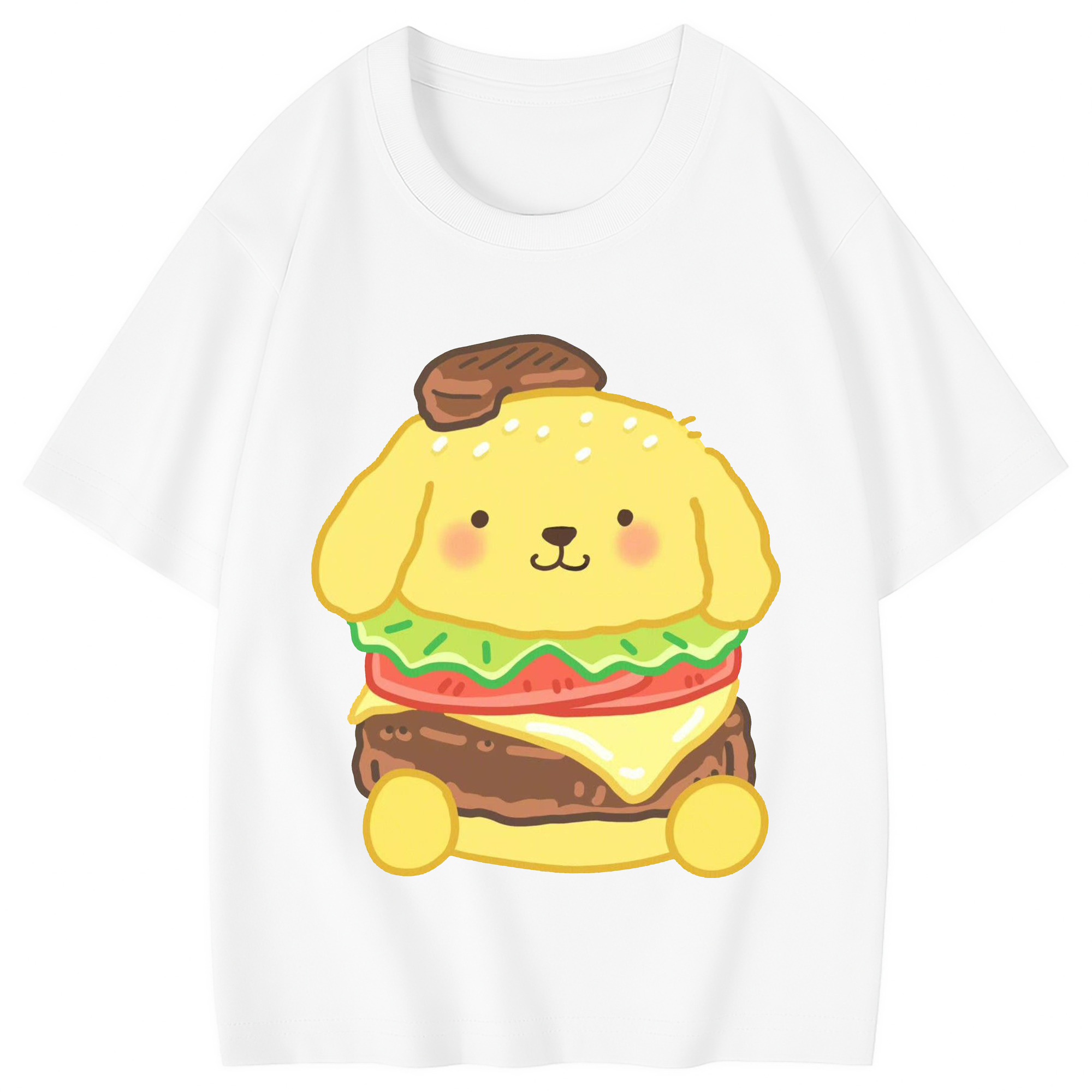 ハンバーガーのポムポムプリン - 綿100％ キッズTシャツ ・ フロントプリント ・ 快適 通気性 ・ スポーツ カジュアル 散歩用