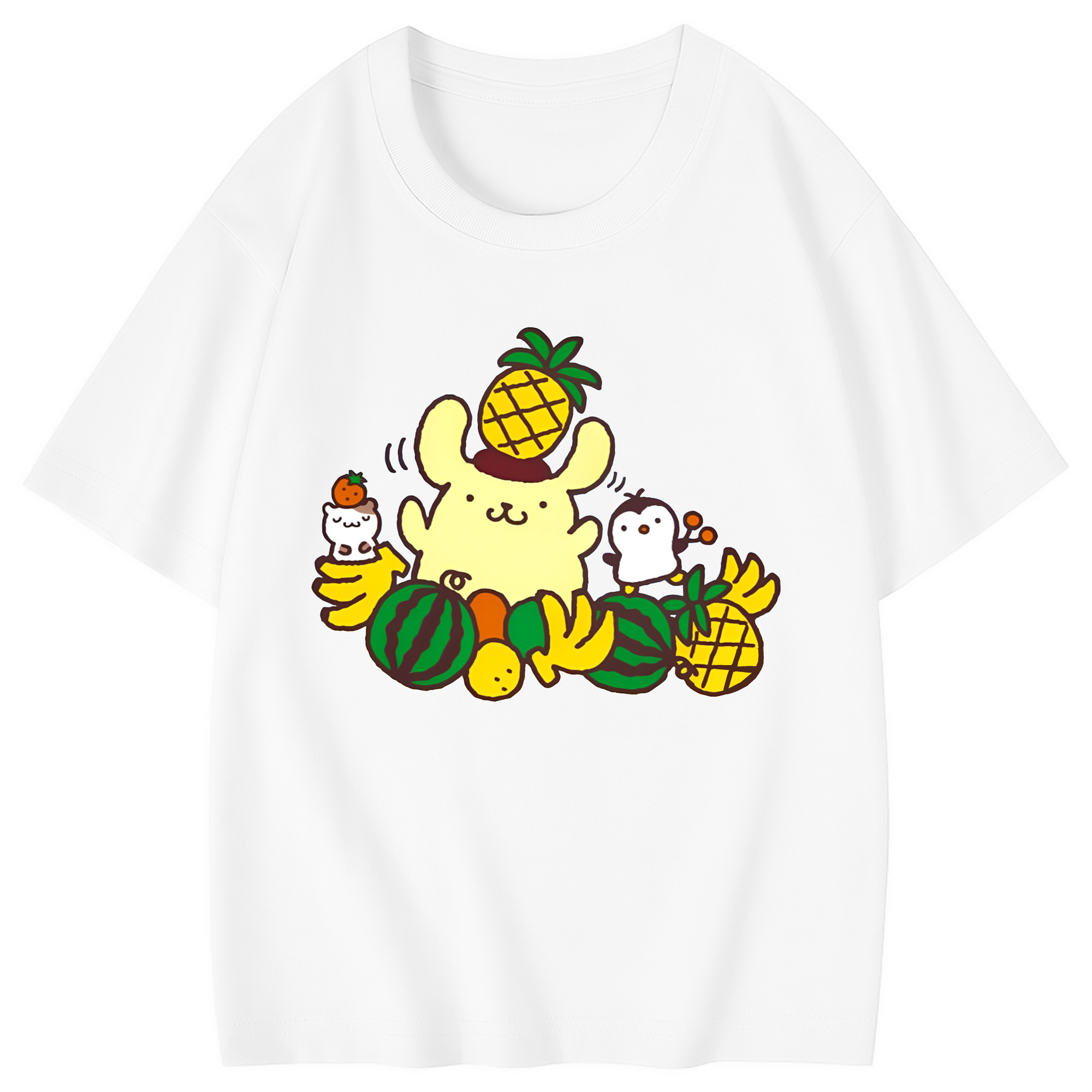 フルーツいっぱいのポムポムプリン - 綿100％ キッズTシャツ ・ フロントプリント ・ 快適 通気性 ・ スポーツ カジュアル 散歩用