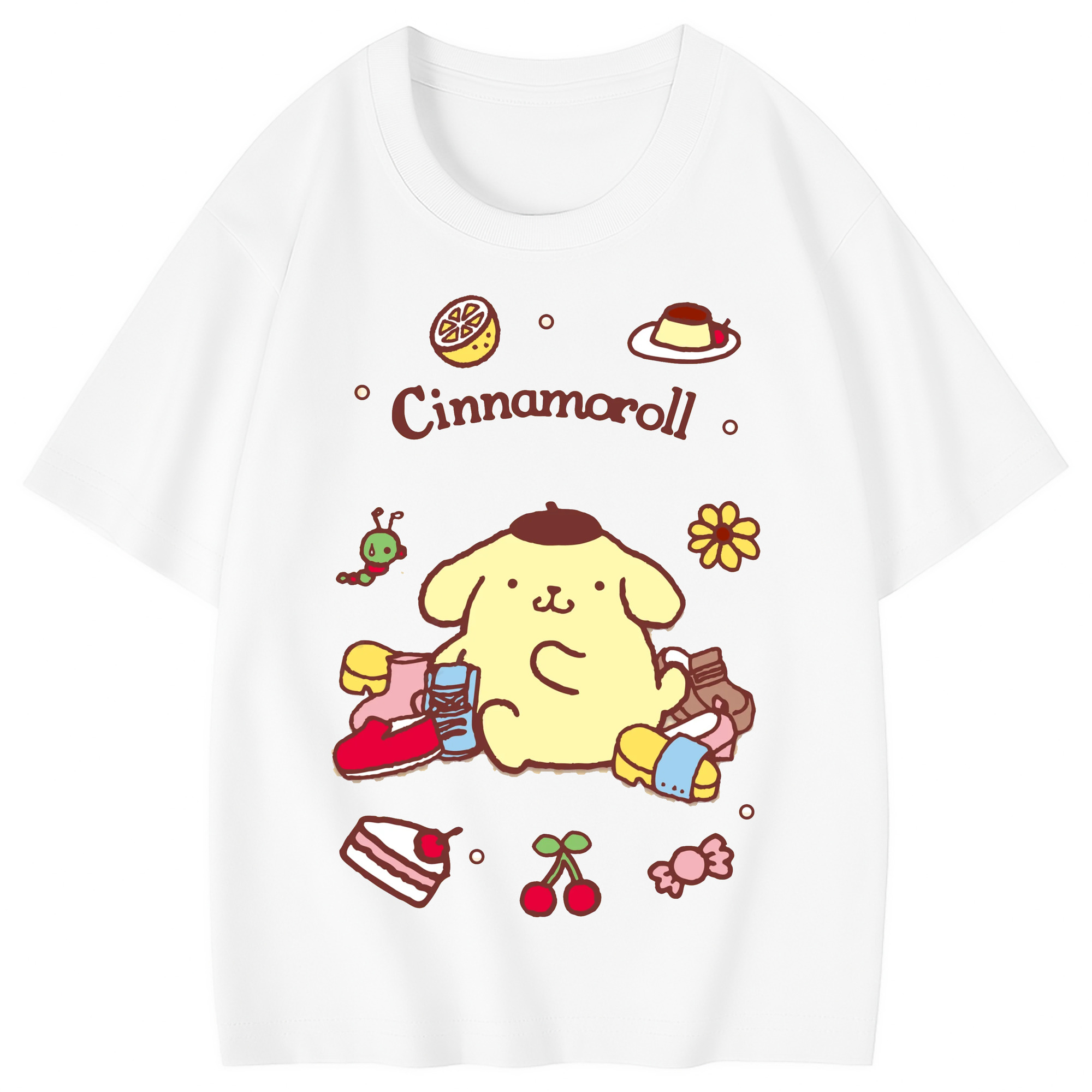 楽しいポムポムプリン - 綿100％ キッズTシャツ ・ フロントプリント ・ 快適 通気性 ・ スポーツ カジュアル 散歩用