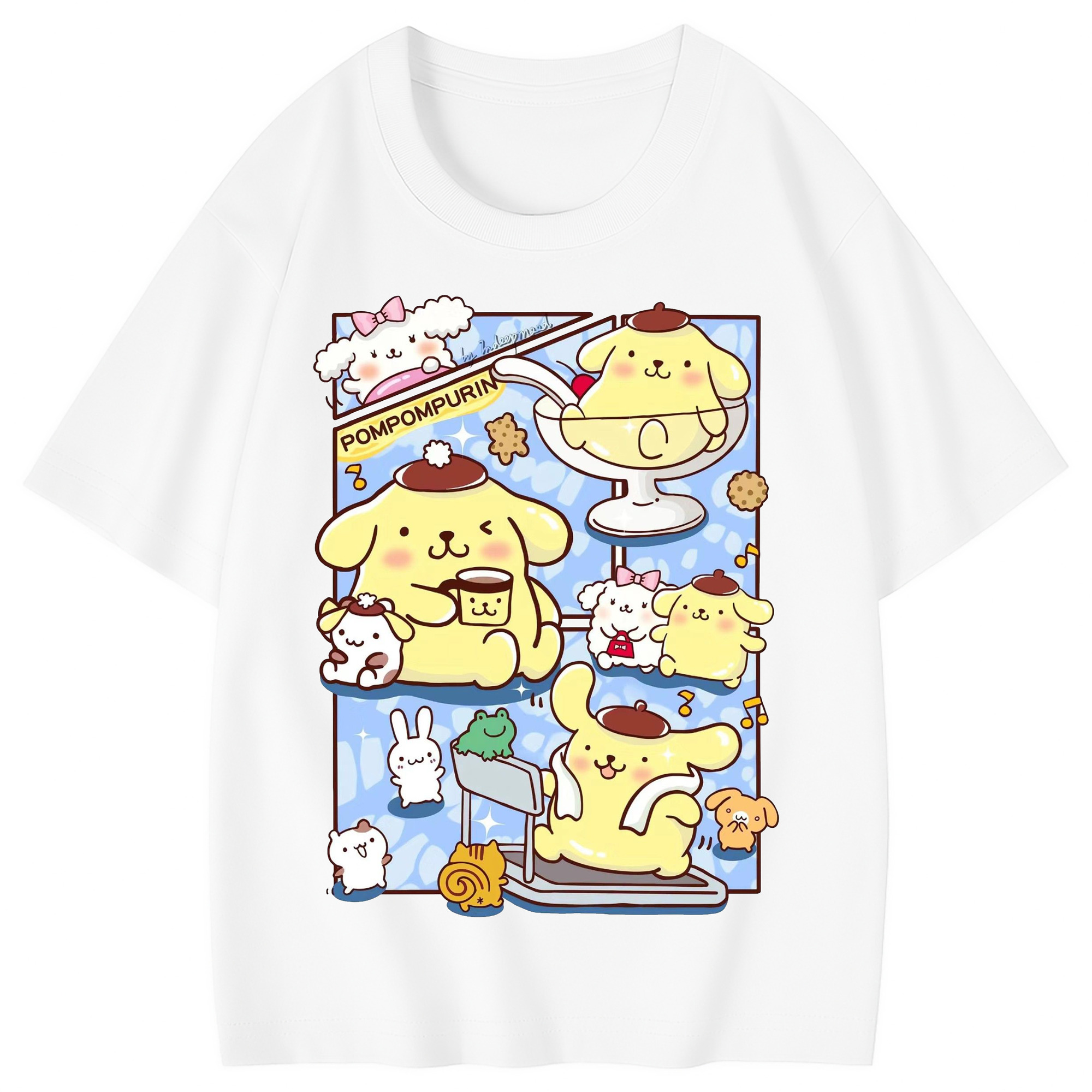 パッチワークデザインのポムポムプリン - 綿100％ キッズTシャツ ・ フロントプリント ・ 快適 通気性 ・ スポーツ カジュアル 散歩用