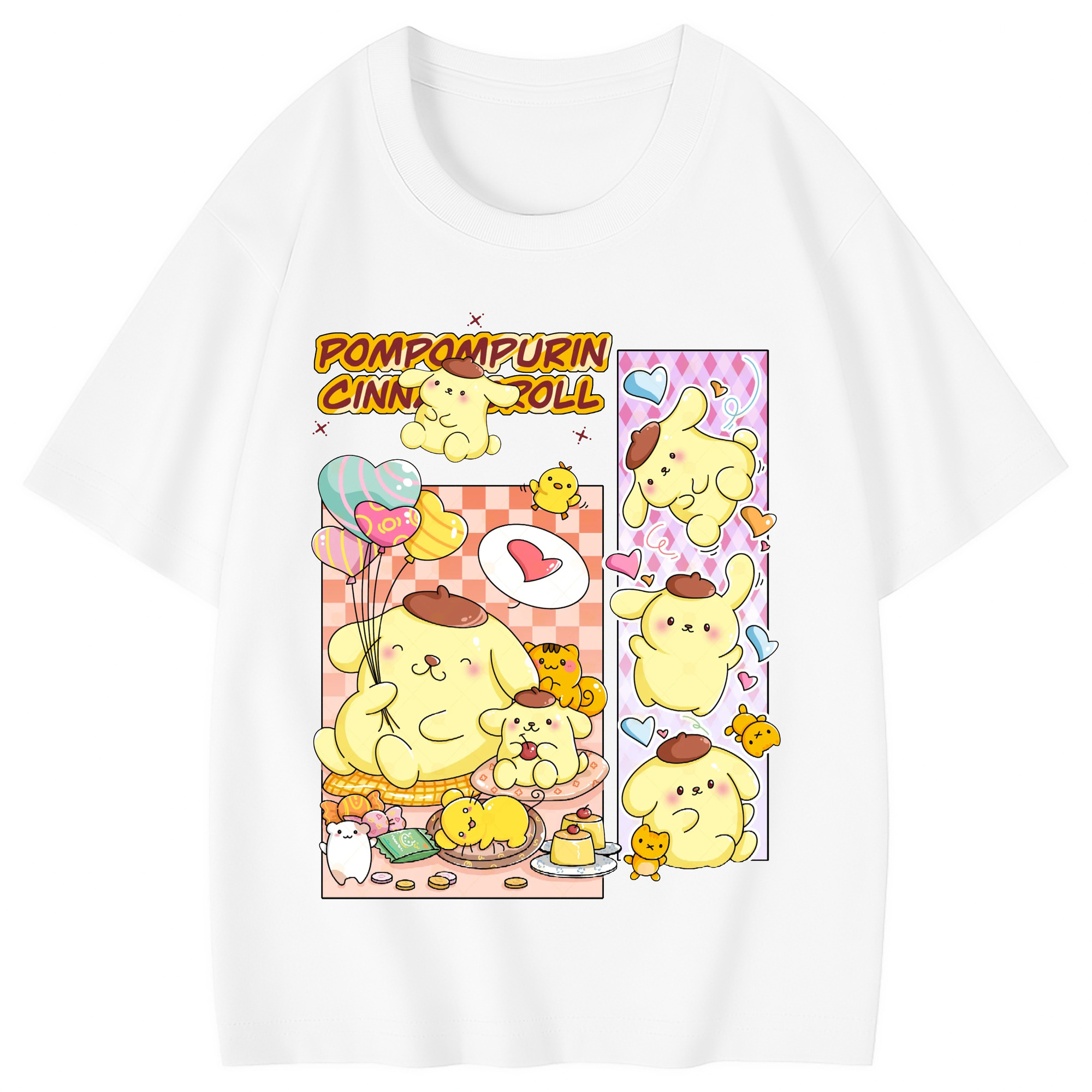 パッチワークデザインのポムポムプリン - 綿100％ キッズTシャツ ・ フロントプリント ・ 快適 通気性 ・ スポーツ カジュアル 散歩用