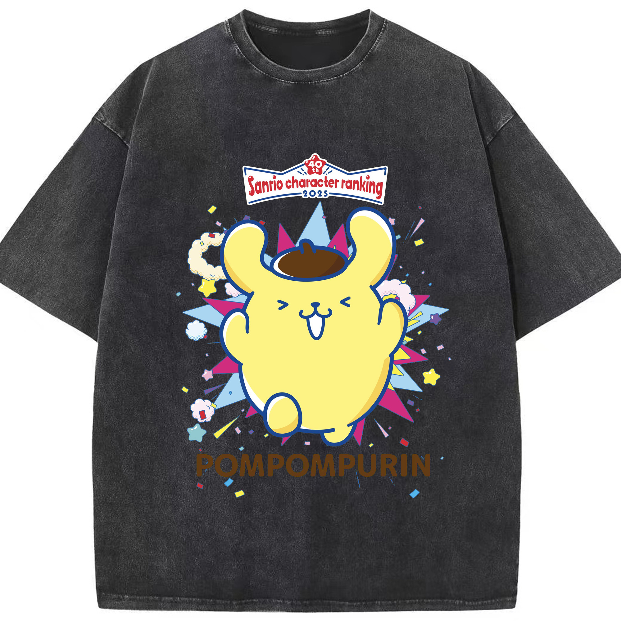 サンリオポムポムプリン - 綿100％ ヴィンテージ風 半袖Tシャツ ・ フロントプリント ・ 柔らか肌触り ・ 通気性 快適 ・ スポーツ カジュアル 外出用