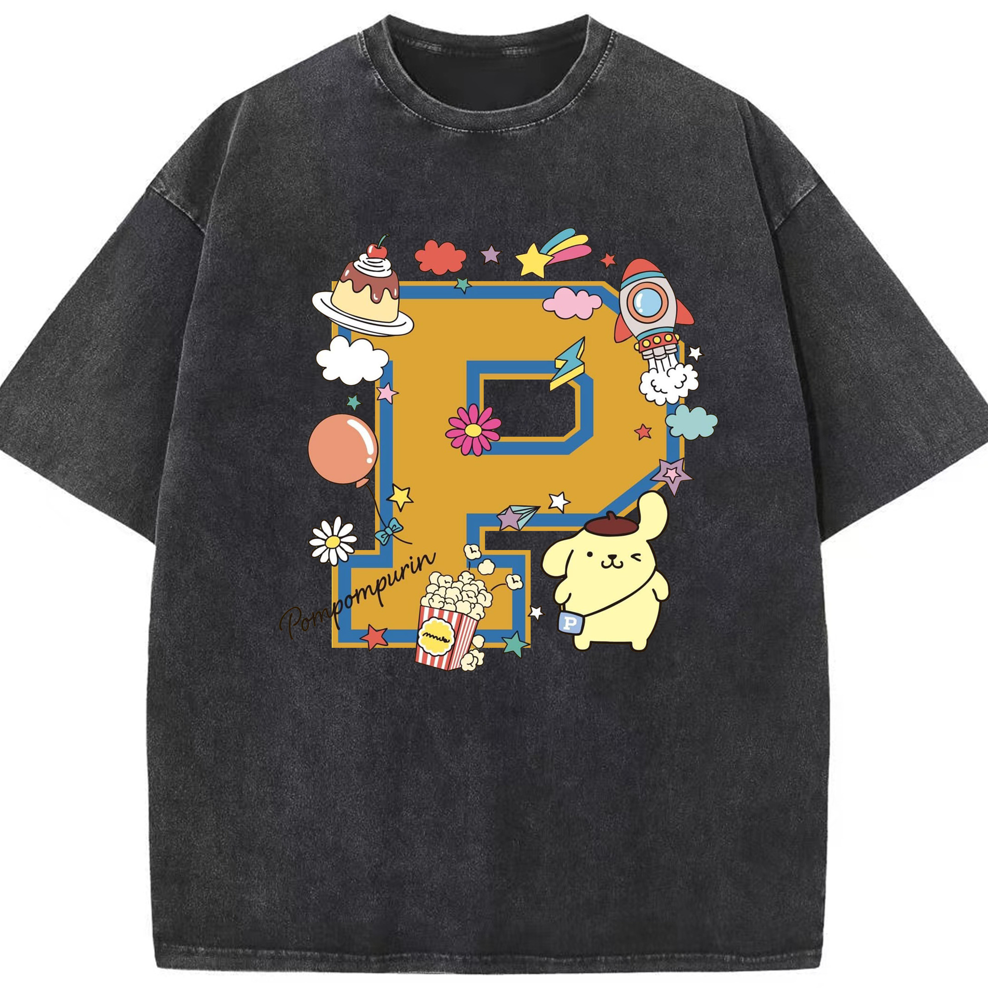 サンリオポムポムプリン - 綿100％ ヴィンテージ風 半袖Tシャツ ・ フロントプリント ・ 柔らか肌触り ・ 通気性 快適 ・ スポーツ カジュアル 外出用