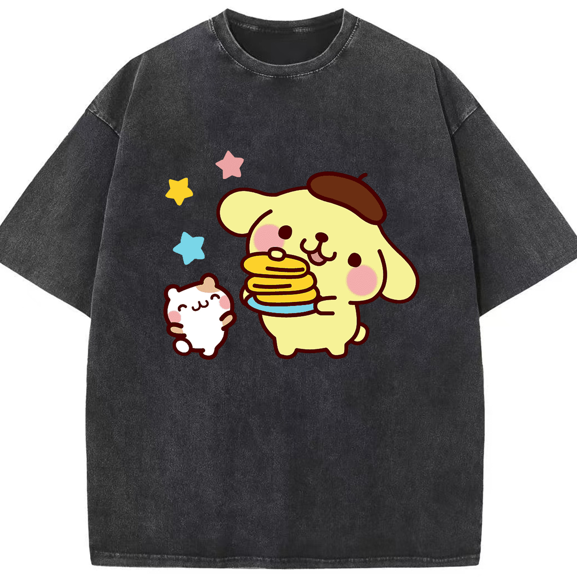 楽しいポムポムプリン - 綿100％ ヴィンテージ風 半袖Tシャツ ・ フロントプリント ・ 柔らか肌触り ・ 通気性 快適 ・ スポーツ カジュアル 外出用