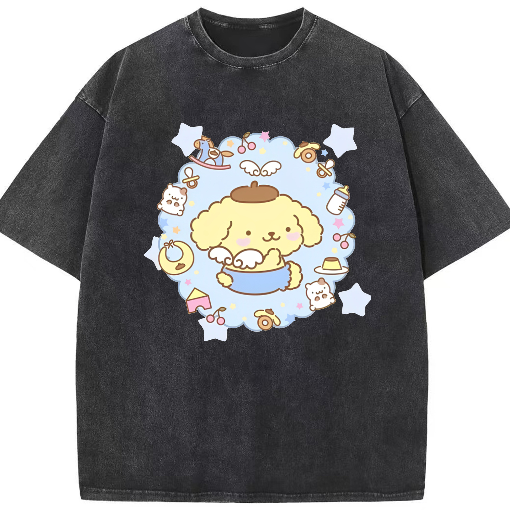 ユニークなデザインのポムポムプリン - 綿100％ ヴィンテージ風 半袖Tシャツ ・ フロントプリント ・ 柔らか肌触り ・ 通気性 快適 ・ スポーツ カジュアル 外出用