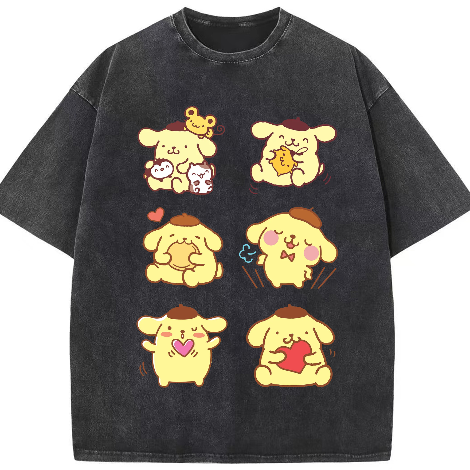 うれしいポムポムプリン - 綿100％ ヴィンテージ風 半袖Tシャツ ・ フロントプリント ・ 柔らか肌触り ・ 通気性 快適 ・ スポーツ カジュアル 外出用