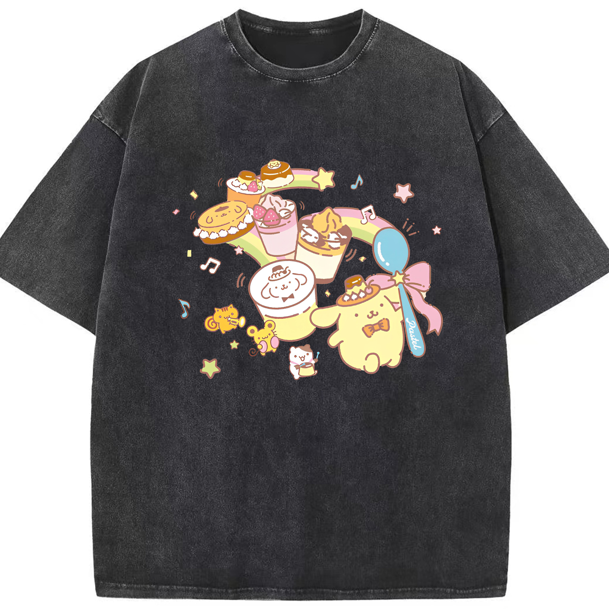 うれしいポムポムプリン - 綿100％ ヴィンテージ風 半袖Tシャツ ・ フロントプリント ・ 柔らか肌触り ・ 通気性 快適 ・ スポーツ カジュアル 外出用