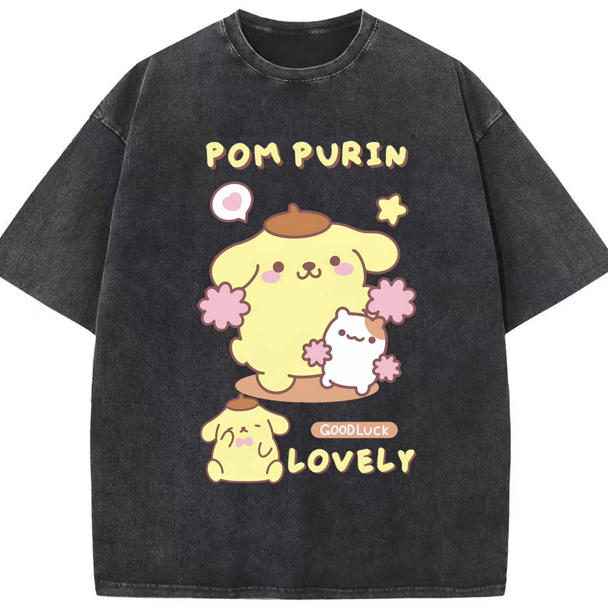 うれしいポムポムプリン - 綿100％ ヴィンテージ風 半袖Tシャツ ・ フロントプリント ・ 柔らか肌触り ・ 通気性 快適 ・ スポーツ カジュアル 外出用