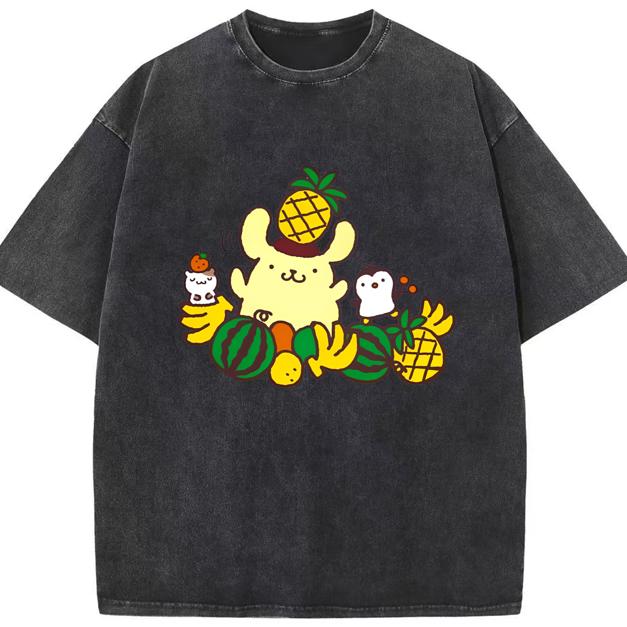 フルーツいっぱいのポムポムプリン - 綿100％ ヴィンテージ風 半袖Tシャツ ・ フロントプリント ・ 柔らか肌触り ・ 通気性 快適 ・ スポーツ カジュアル 外出用