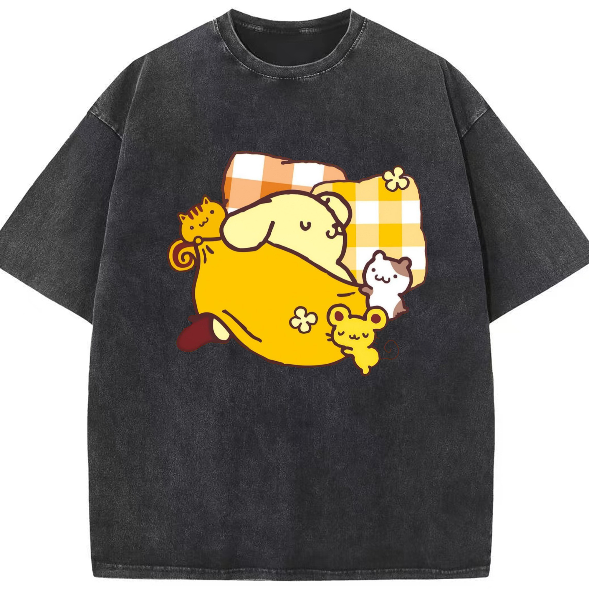 楽しいポムポムプリン - 綿100％ ヴィンテージ風 半袖Tシャツ ・ フロントプリント ・ 柔らか肌触り ・ 通気性 快適 ・ スポーツ カジュアル 外出用