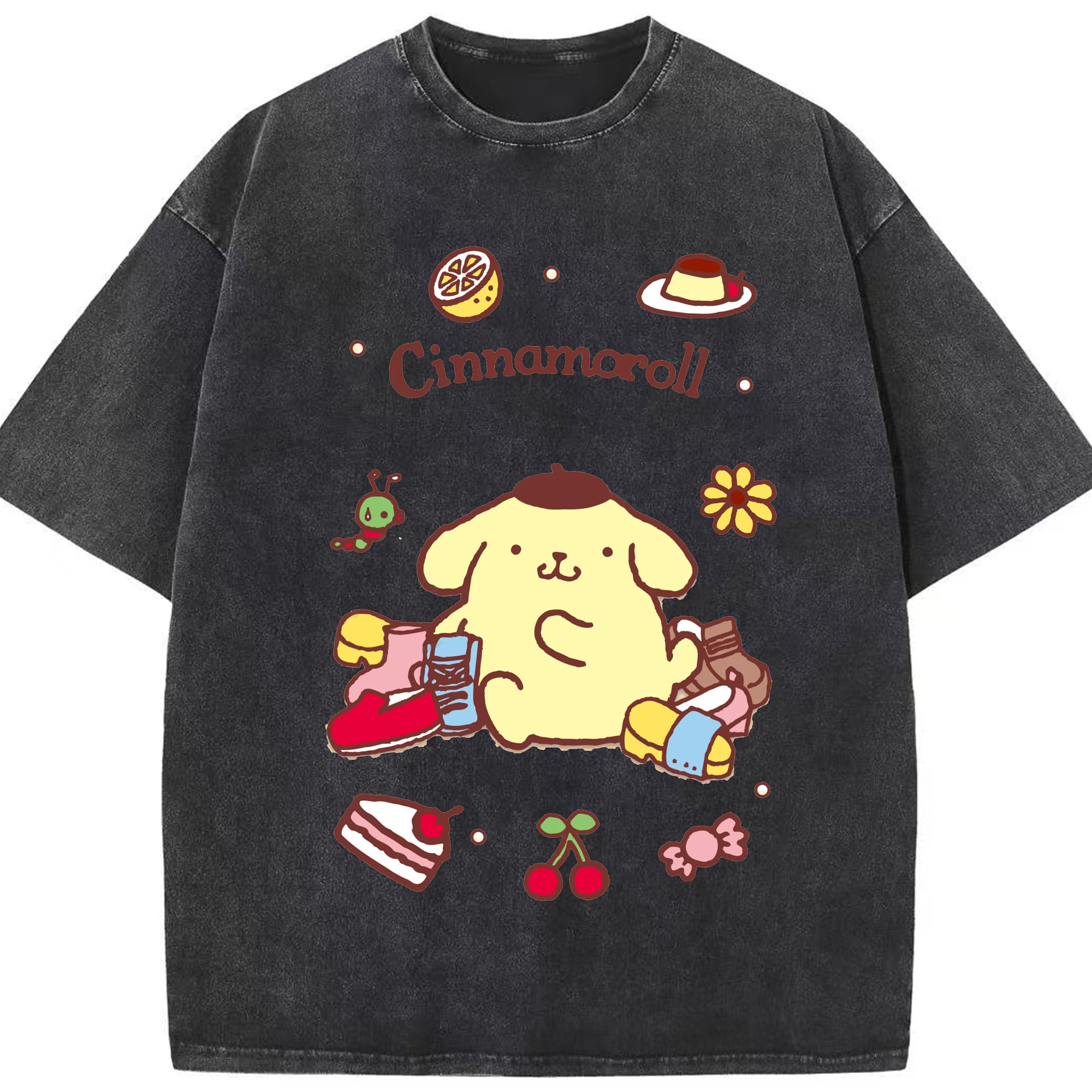 楽しいポムポムプリン - 綿100％ ヴィンテージ風 半袖Tシャツ ・ フロントプリント ・ 柔らか肌触り ・ 通気性 快適 ・ スポーツ カジュアル 外出用