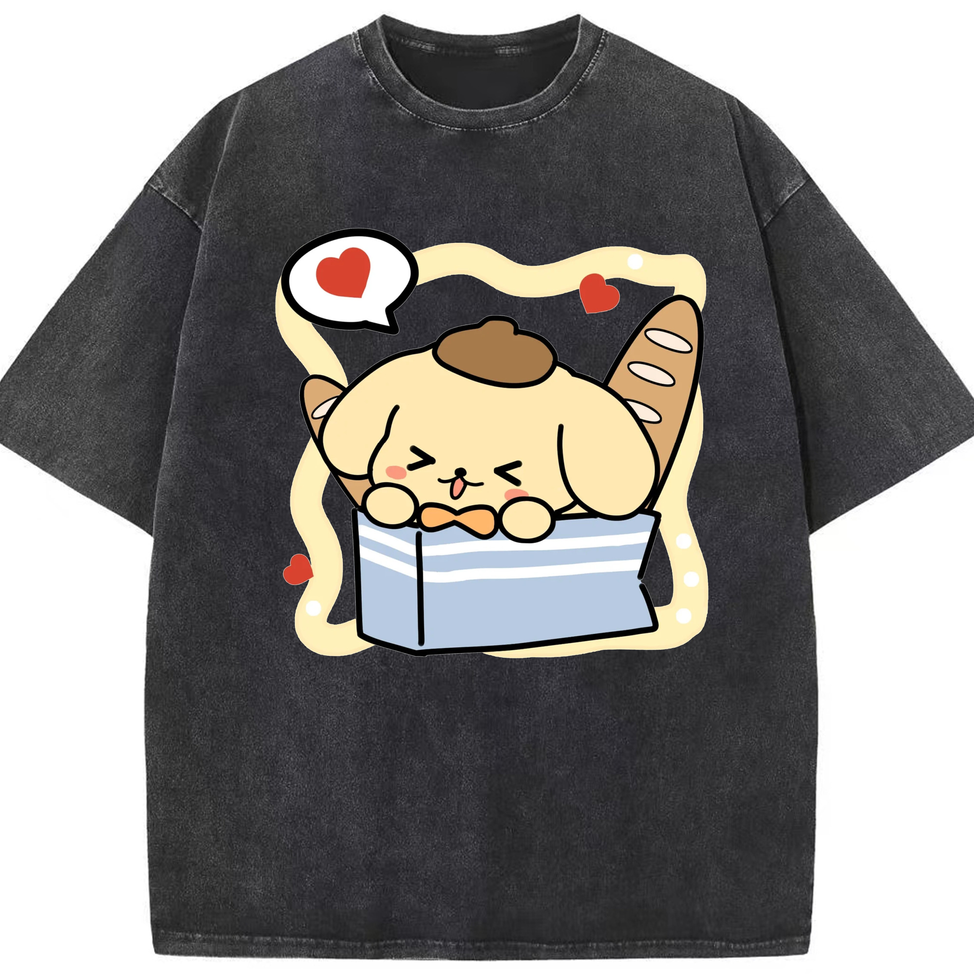 パン好きのポムポムプリン - 綿100％ ヴィンテージ風 半袖Tシャツ ・ フロントプリント ・ 柔らか肌触り ・ 通気性 快適 ・ スポーツ カジュアル 外出用