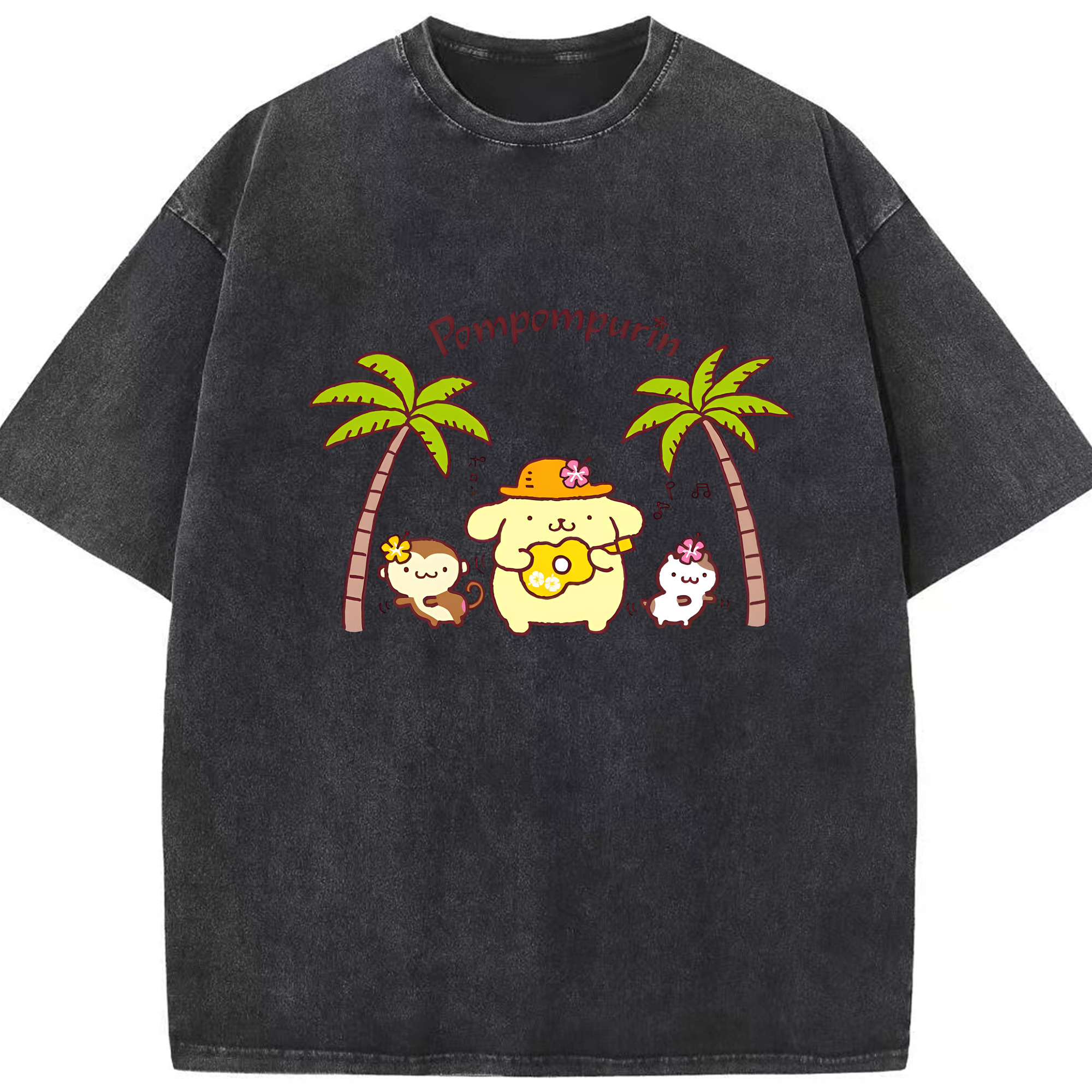 サマーポムポムプリン - 綿100％ ヴィンテージ風 半袖Tシャツ ・ フロントプリント ・ 柔らか肌触り ・ 通気性 快適 ・ スポーツ カジュアル 外出用