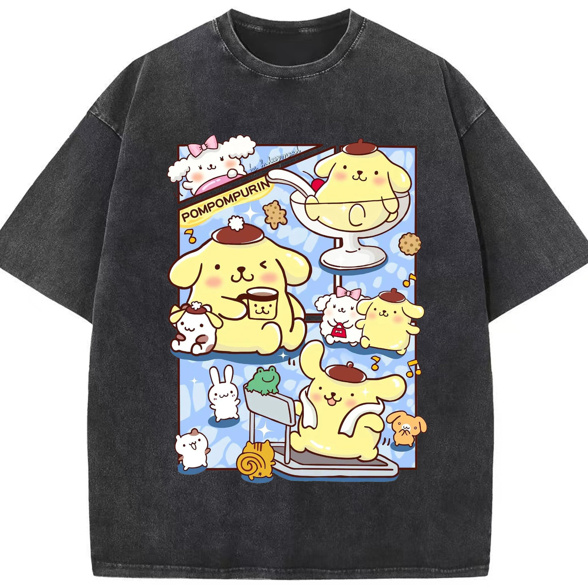 パッチワークデザインのポムポムプリン - 綿100％ ヴィンテージ風 半袖Tシャツ ・ フロントプリント ・ 柔らか肌触り ・ 通気性 快適 ・ スポーツ カジュアル 外出用
