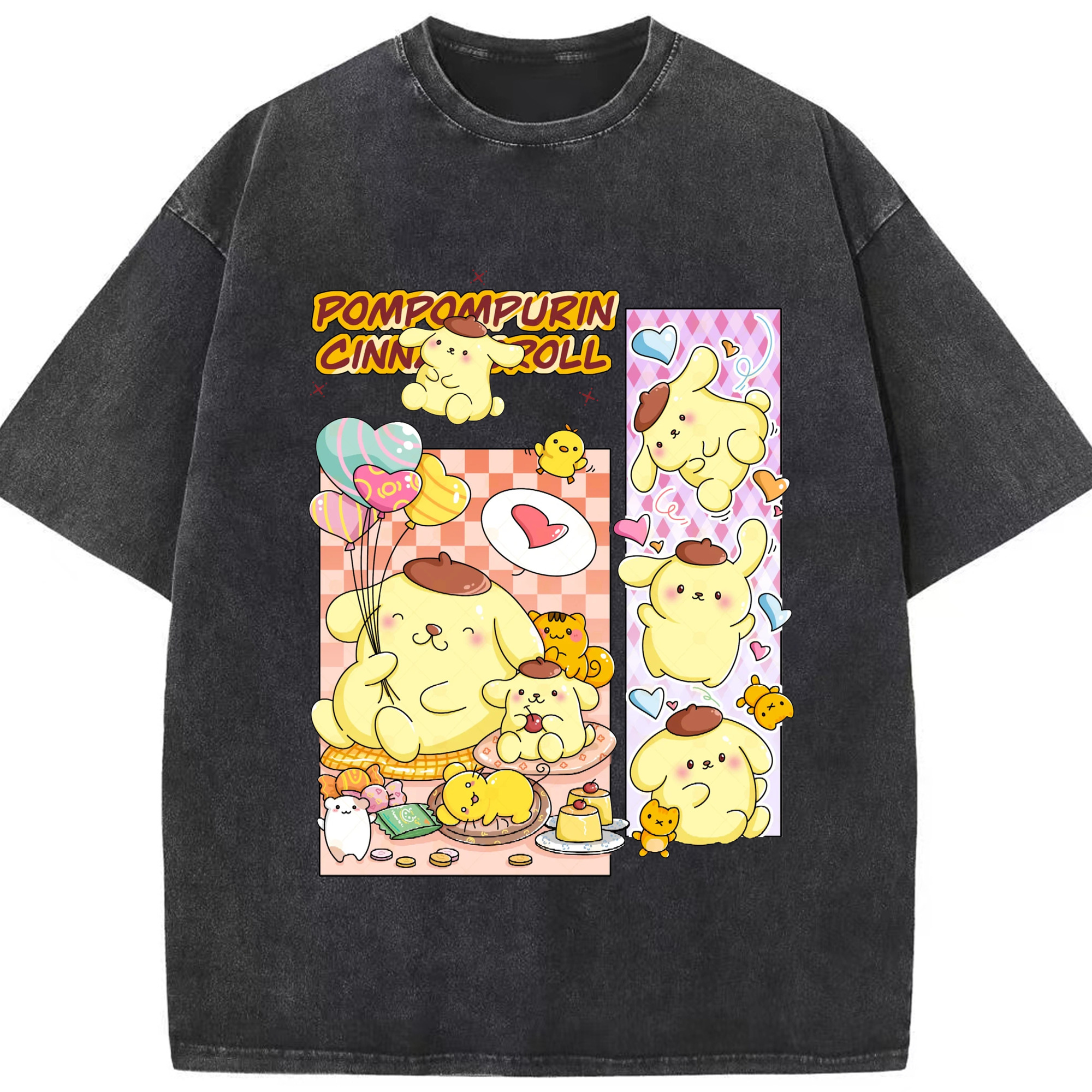 パッチワークデザインのポムポムプリン - 綿100％ ヴィンテージ風 半袖Tシャツ ・ フロントプリント ・ 柔らか肌触り ・ 通気性 快適 ・ スポーツ カジュアル 外出用