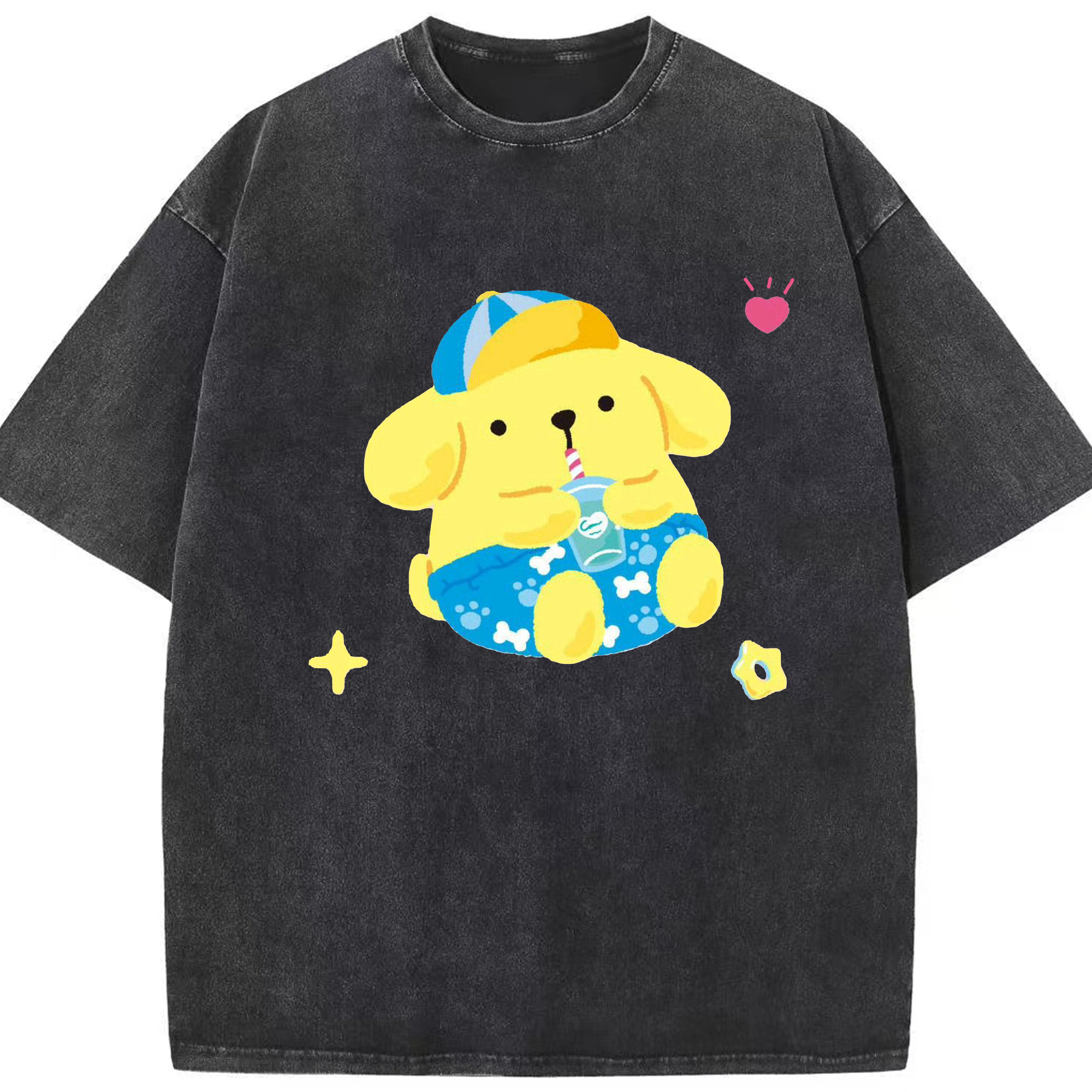 ユニークなデザインのポムポムプリン - 綿100％ ヴィンテージ風 半袖Tシャツ ・ フロントプリント ・ 柔らか肌触り ・ 通気性 快適 ・ スポーツ カジュアル 外出用