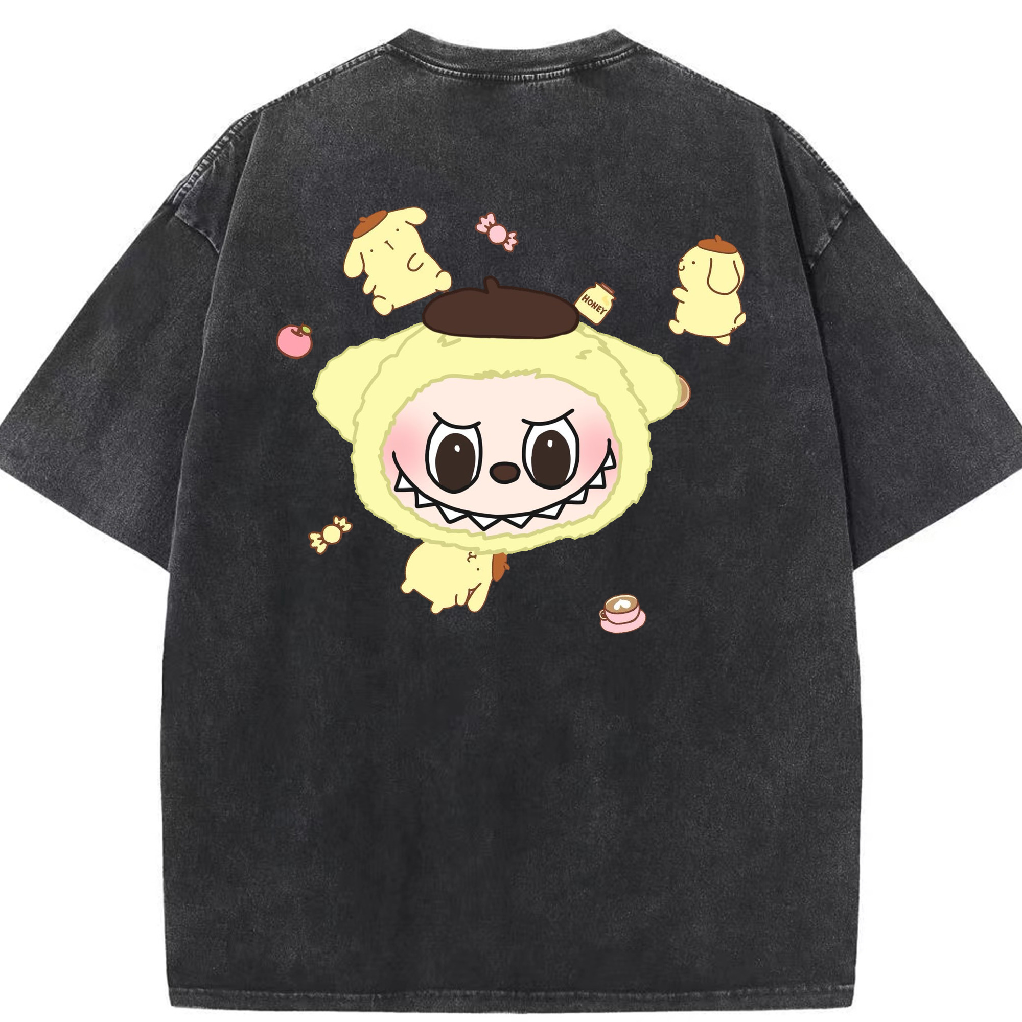 サンリオポムポムプリン&LABUBU ラブブ - 綿100％ ヴィンテージ風 半袖Tシャツ ・ 背面プリント ・ 柔らか肌触り ・ 通気性 快適 ・ スポーツ カジュアル 外出用