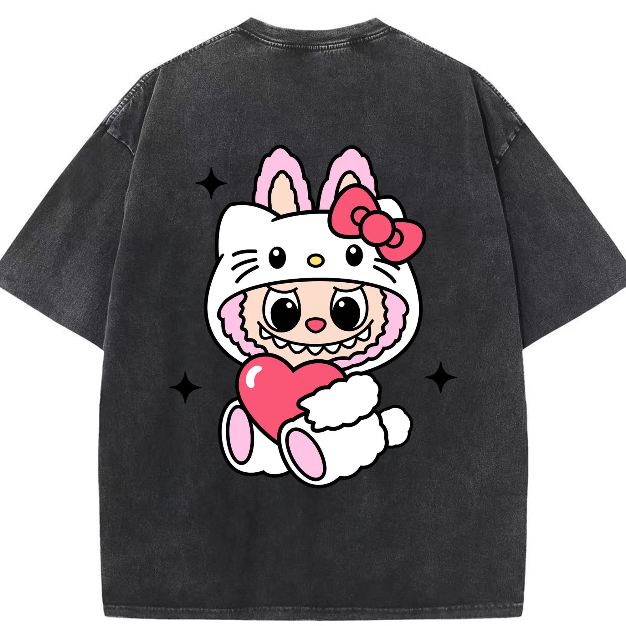 サンリオハローキティ&LABUBU ラブブ - 綿100％ ヴィンテージ風 半袖Tシャツ ・ 背面プリント ・ 柔らか肌触り ・ 通気性 快適 ・ スポーツ カジュアル 外出用