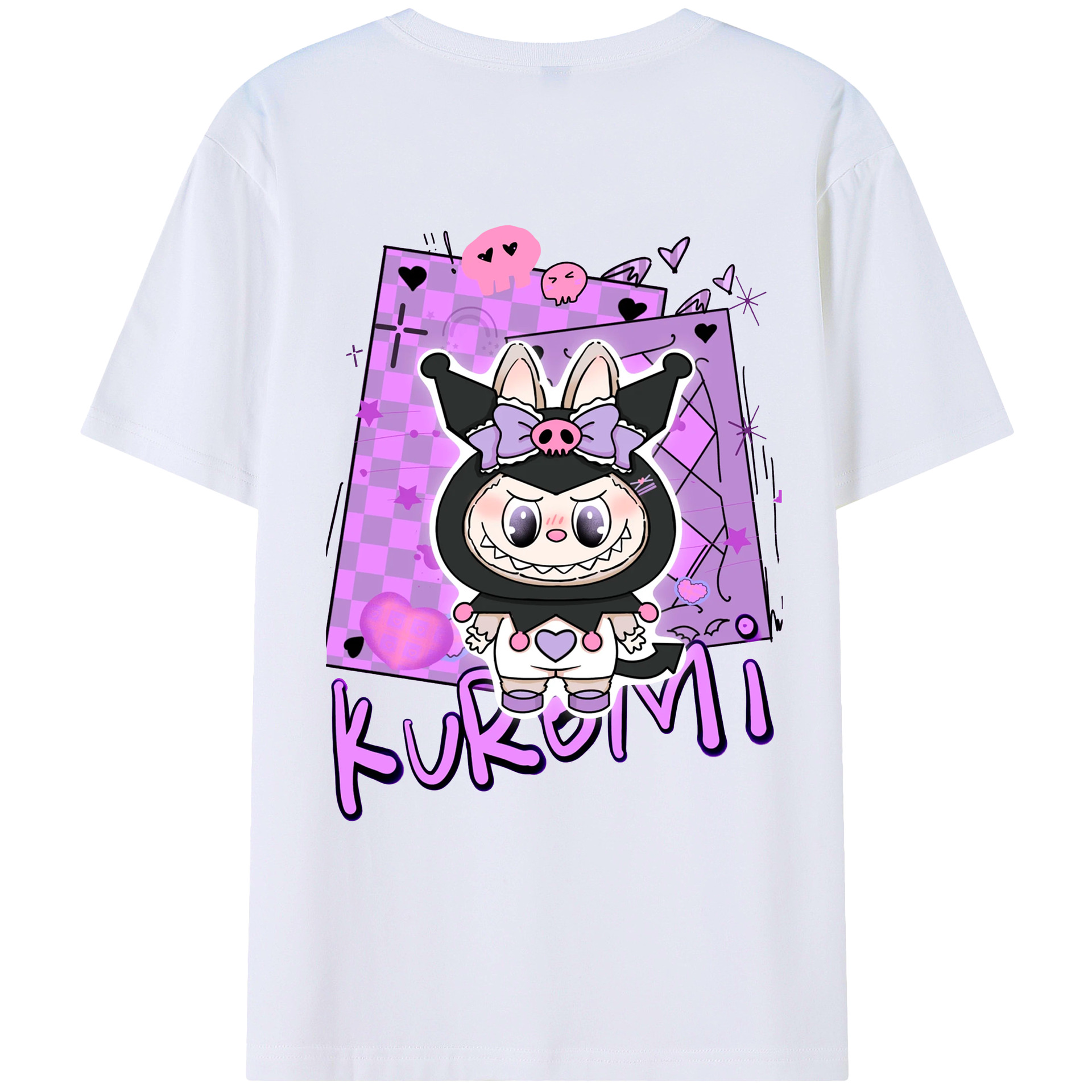 サンリオクロミ&LABUBU ラブブ - レディース半袖Tシャツ ・ 綿100％ ・ バックプリント ・ 強化クルーネック ・ 二重折り袖口 ・ 快適 通気性 ・ フィットネス カジュアル 旅行用