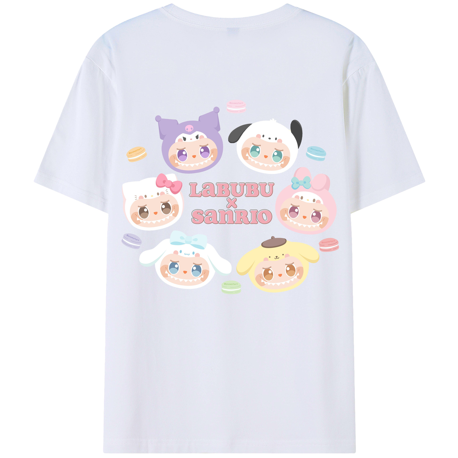 サンリオ&LABUBU ラブブ - レディース半袖Tシャツ ・ 綿100％ ・ バックプリント ・ 強化クルーネック ・ 二重折り袖口 ・ 快適 通気性 ・ フィットネス カジュアル 旅行用