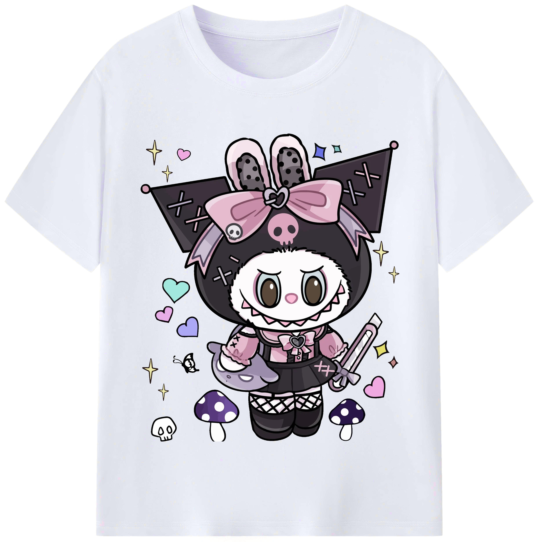 サンリオクロミ&LABUBU ラブブ - レディースカジュアルプリントTシャツ ・ 綿100％ ・ クルーネック ・ フロントプリント ・ 柔らかく快適 ・ フィットネス カジュアル 旅行用