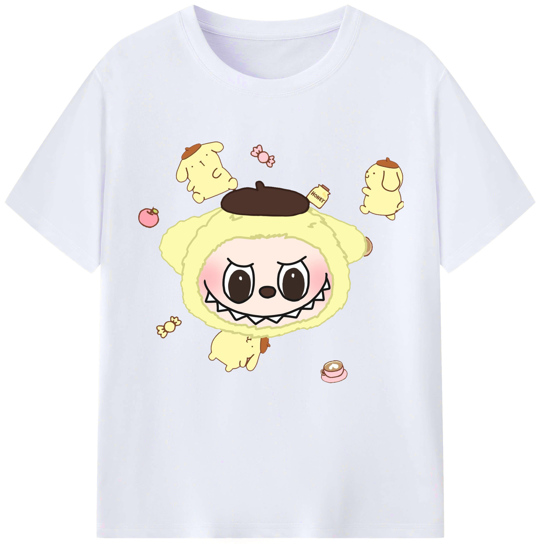 サンリオポムポムプリン&LABUBU ラブブ - レディースカジュアルプリントTシャツ ・ 綿100％ ・ クルーネック ・ フロントプリント ・ 柔らかく快適 ・ フィットネス カジュアル 旅行用