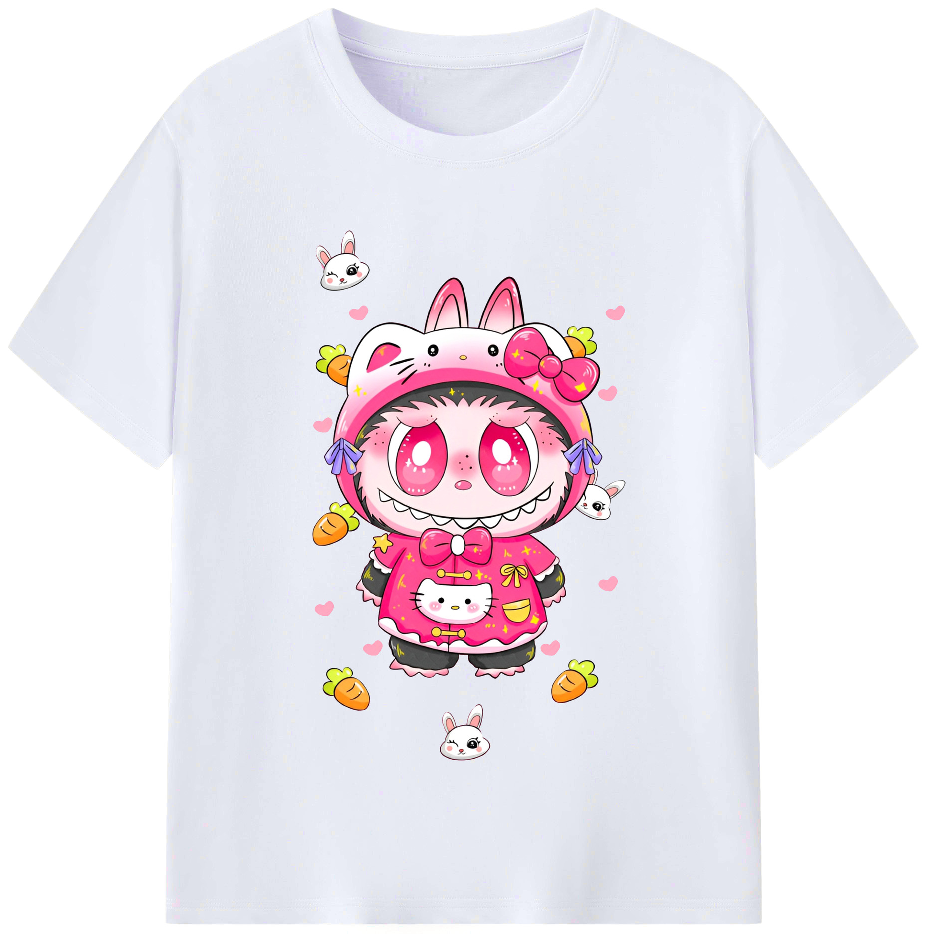 サンリオハローキティ&LABUBU ラブブ - レディースカジュアルプリントTシャツ ・ 綿100％ ・ クルーネック ・ フロントプリント ・ 柔らかく快適 ・ フィットネス カジュアル 旅行用