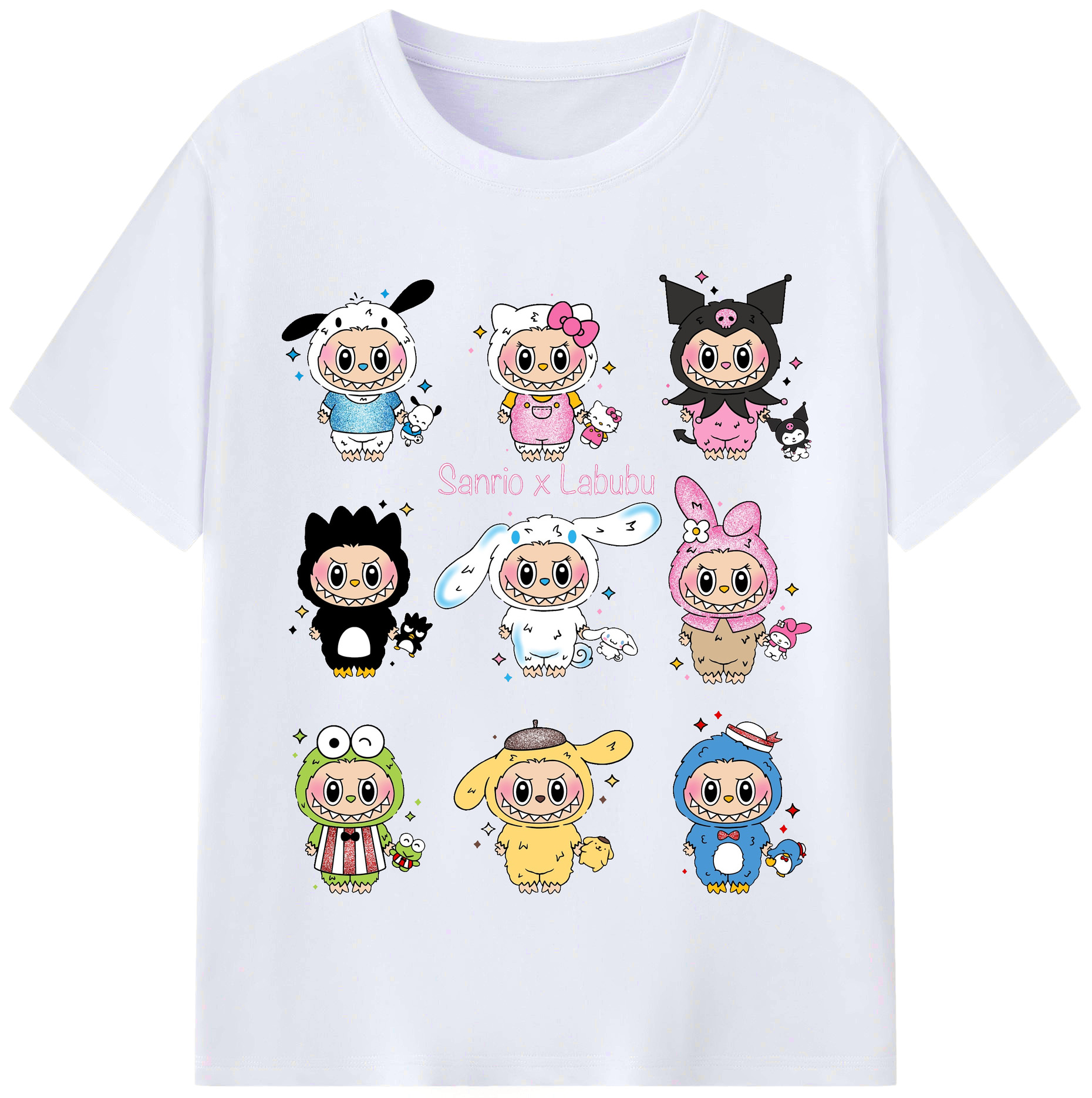 サンリオ&LABUBU ラブブ - レディースカジュアルプリントTシャツ ・ 綿100％ ・ クルーネック ・ フロントプリント ・ 柔らかく快適 ・ フィットネス カジュアル 旅行用