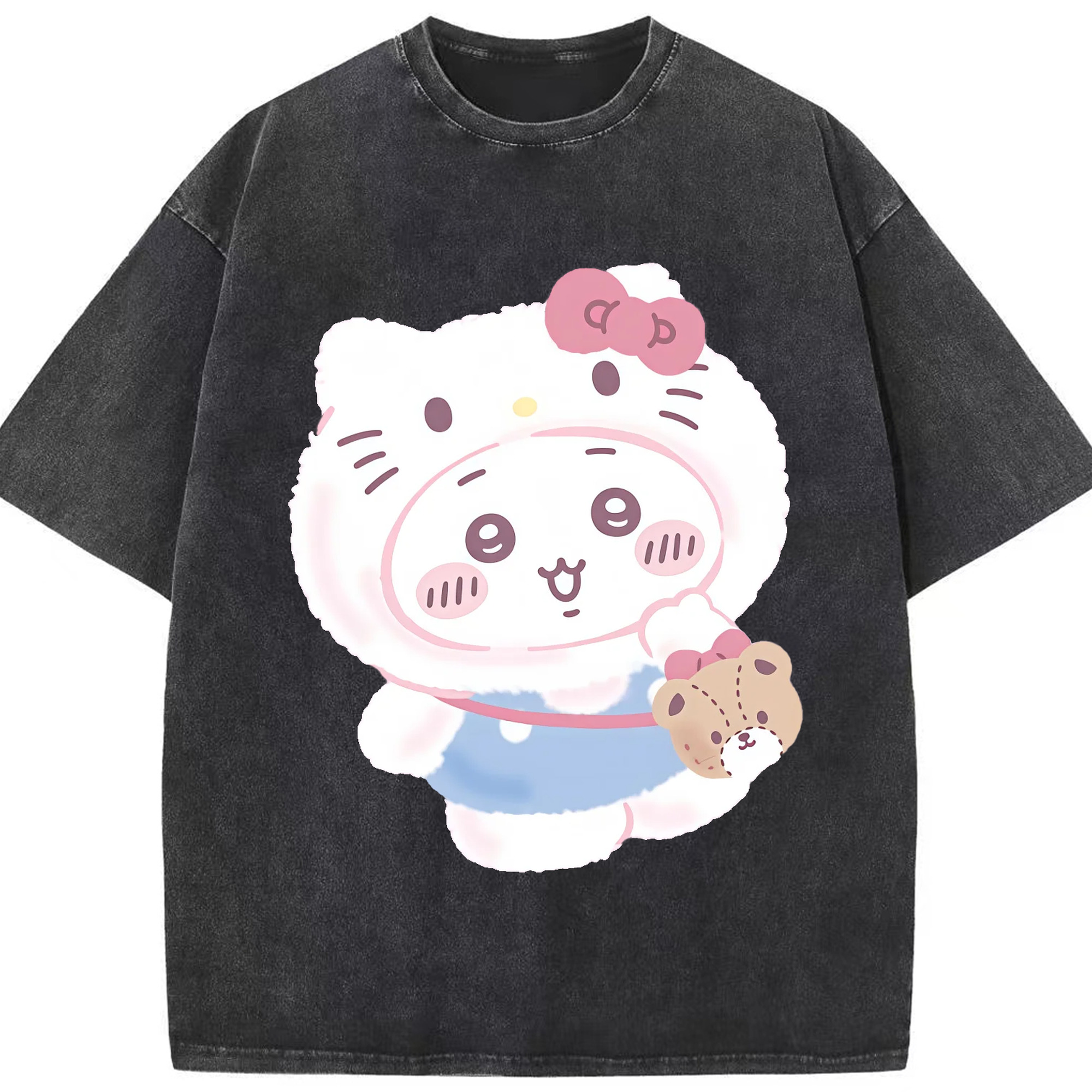 ハローキティ&ちいかわ - 綿100％ ヴィンテージ風 半袖Tシャツ ・ フロントプリント ・ 柔らか肌触り ・ 通気性 快適 ・ スポーツ カジュアル 外出用