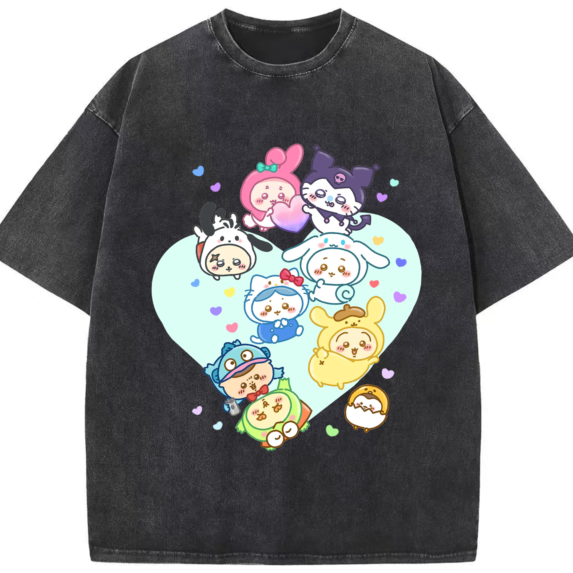 サンリオ&ちいかわ - 綿100％ ヴィンテージ風 半袖Tシャツ ・ フロントプリント ・ 柔らか肌触り ・ 通気性 快適 ・ スポーツ カジュアル 外出用