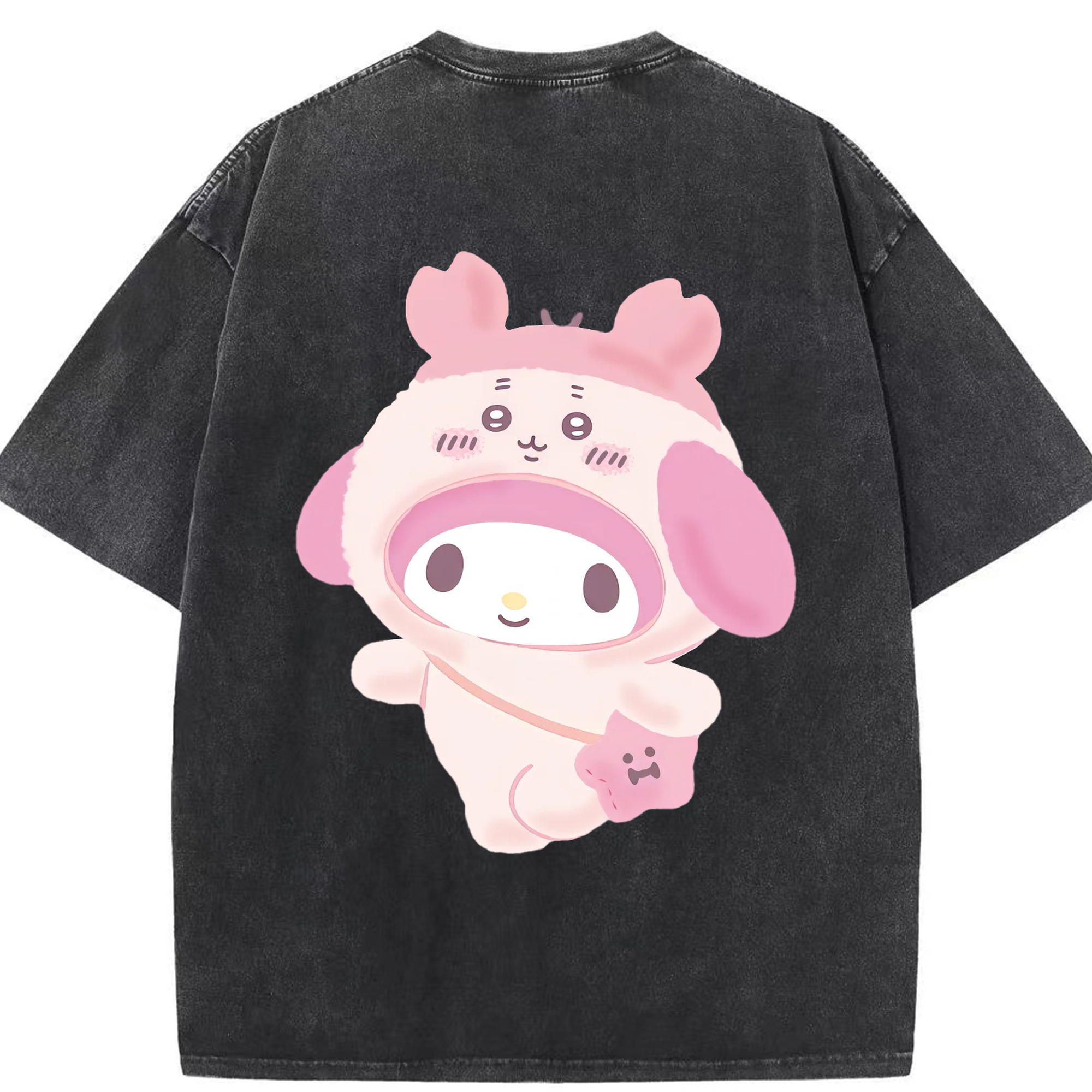 マイメロディ&ちいかわ - 綿100％ ヴィンテージ風 半袖Tシャツ ・ 背面プリント ・ 柔らか肌触り ・ 通気性 快適 ・ スポーツ カジュアル 外出用