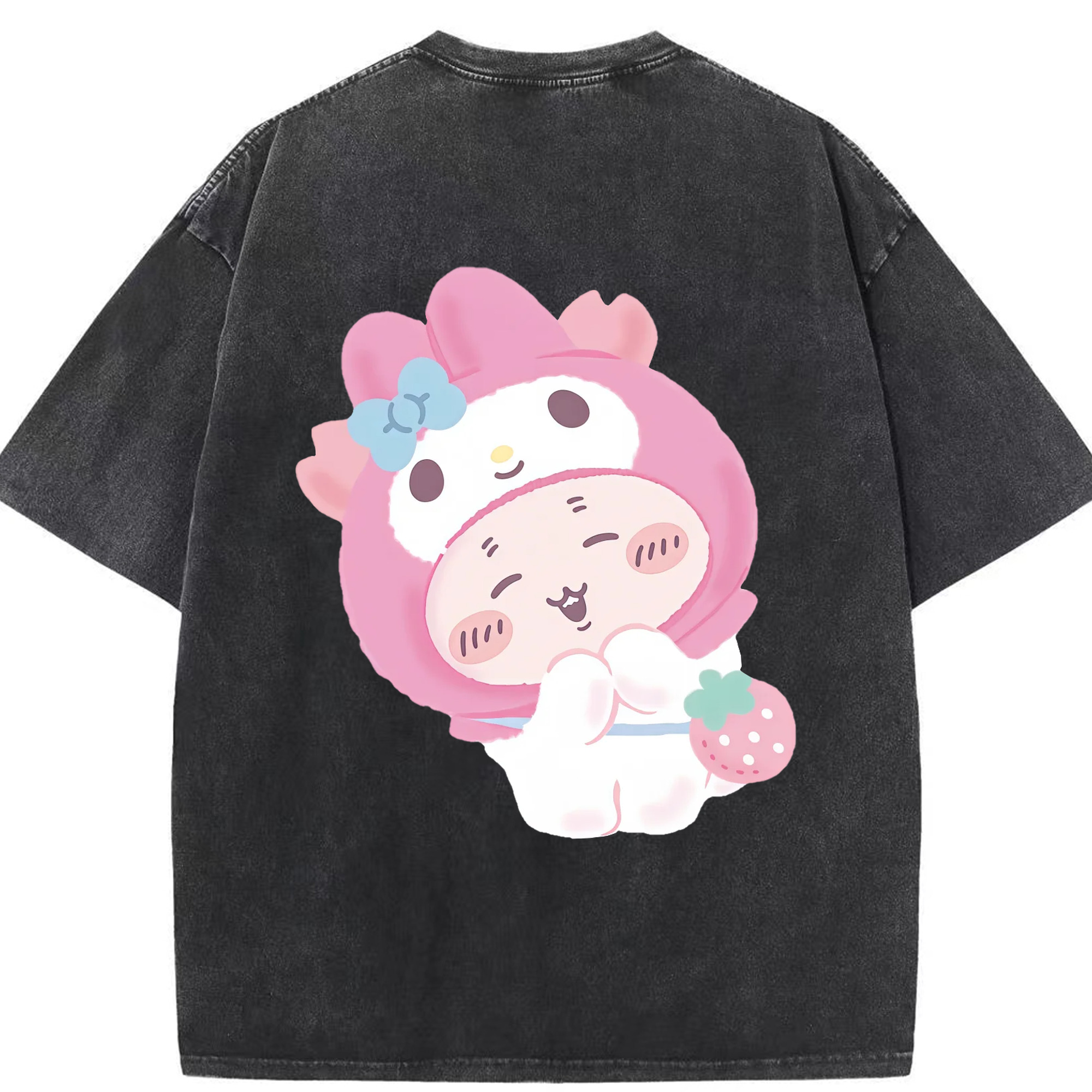 マイメロディ&ちいかわ - 綿100％ ヴィンテージ風 半袖Tシャツ ・ 背面プリント ・ 柔らか肌触り ・ 通気性 快適 ・ スポーツ カジュアル 外出用