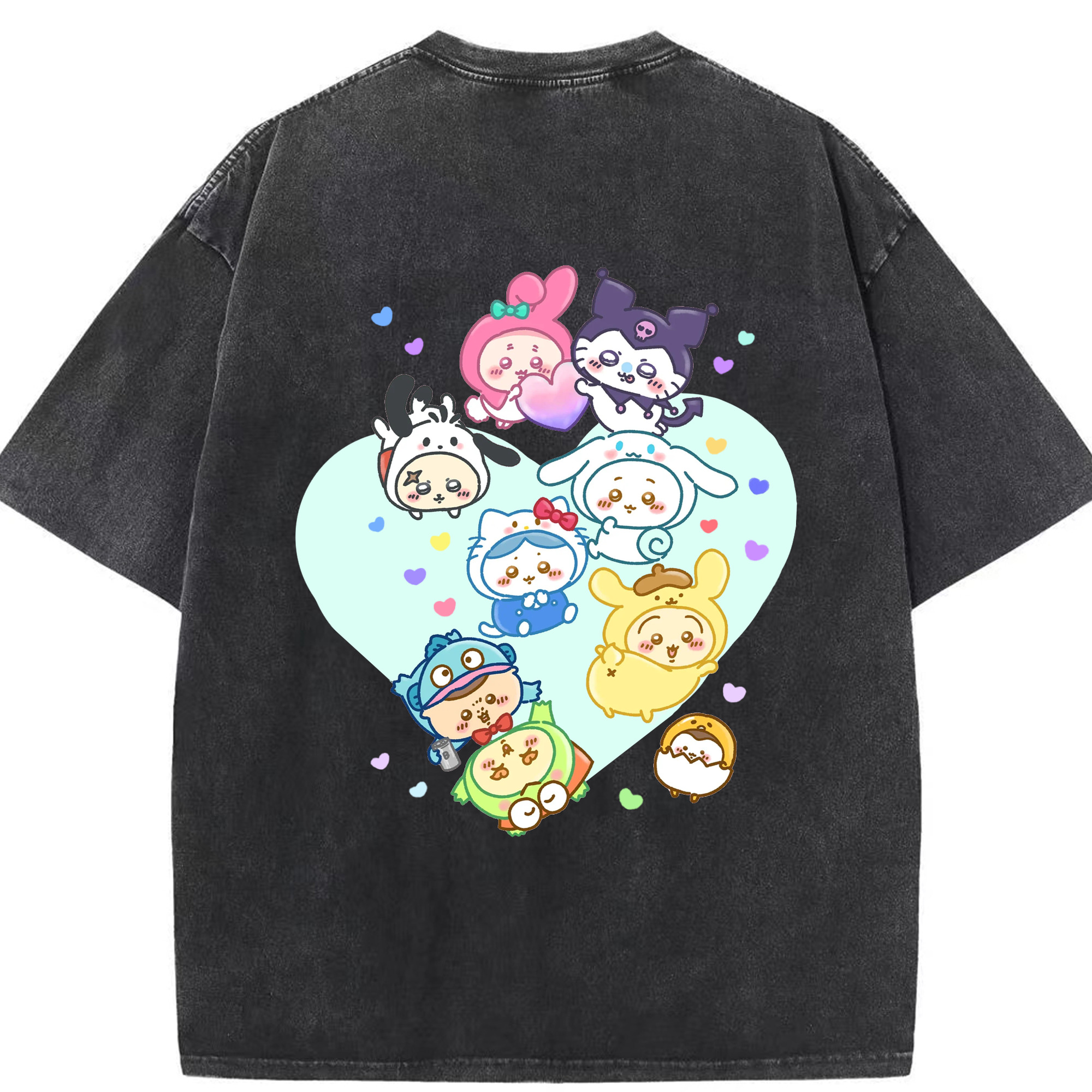 サンリオ&ちいかわ - 綿100％ ヴィンテージ風 半袖Tシャツ ・ 背面プリント ・ 柔らか肌触り ・ 通気性 快適 ・ スポーツ カジュアル 外出用