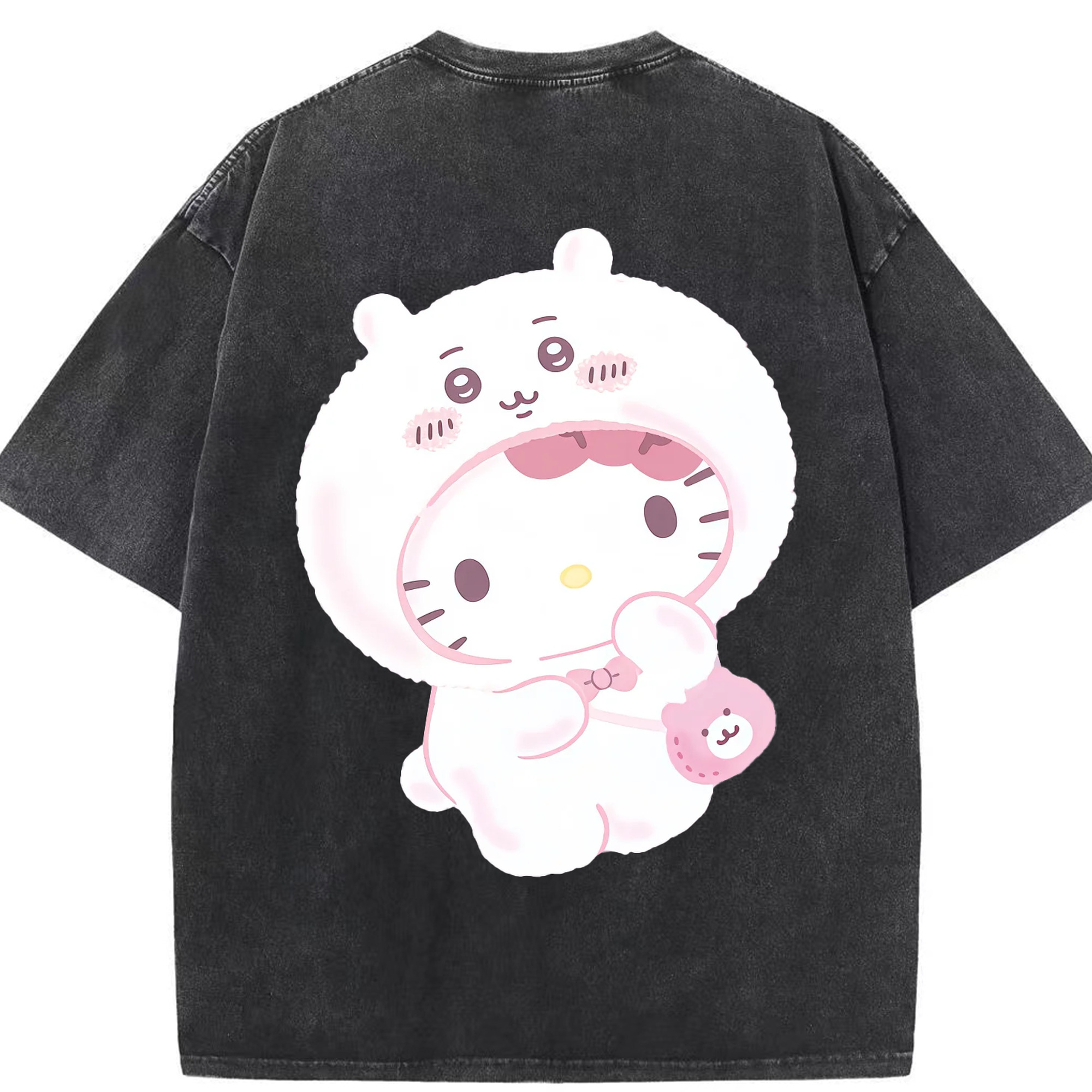 ハローキティ&ちいかわ - 綿100％ ヴィンテージ風 半袖Tシャツ ・ 背面プリント ・ 柔らか肌触り ・ 通気性 快適 ・ スポーツ カジュアル 外出用