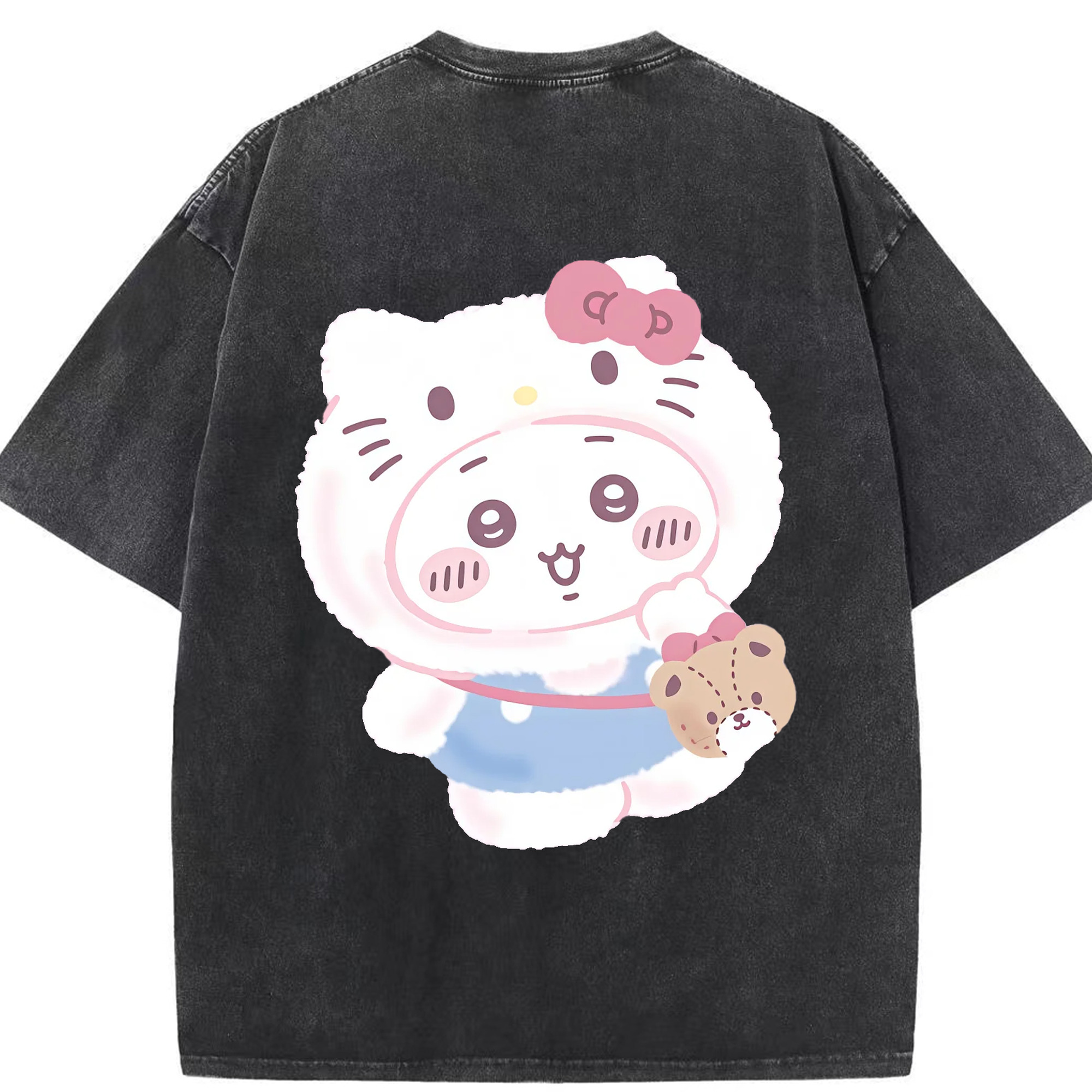 ハローキティ&ちいかわ - 綿100％ ヴィンテージ風 半袖Tシャツ ・ 背面プリント ・ 柔らか肌触り ・ 通気性 快適 ・ スポーツ カジュアル 外出用