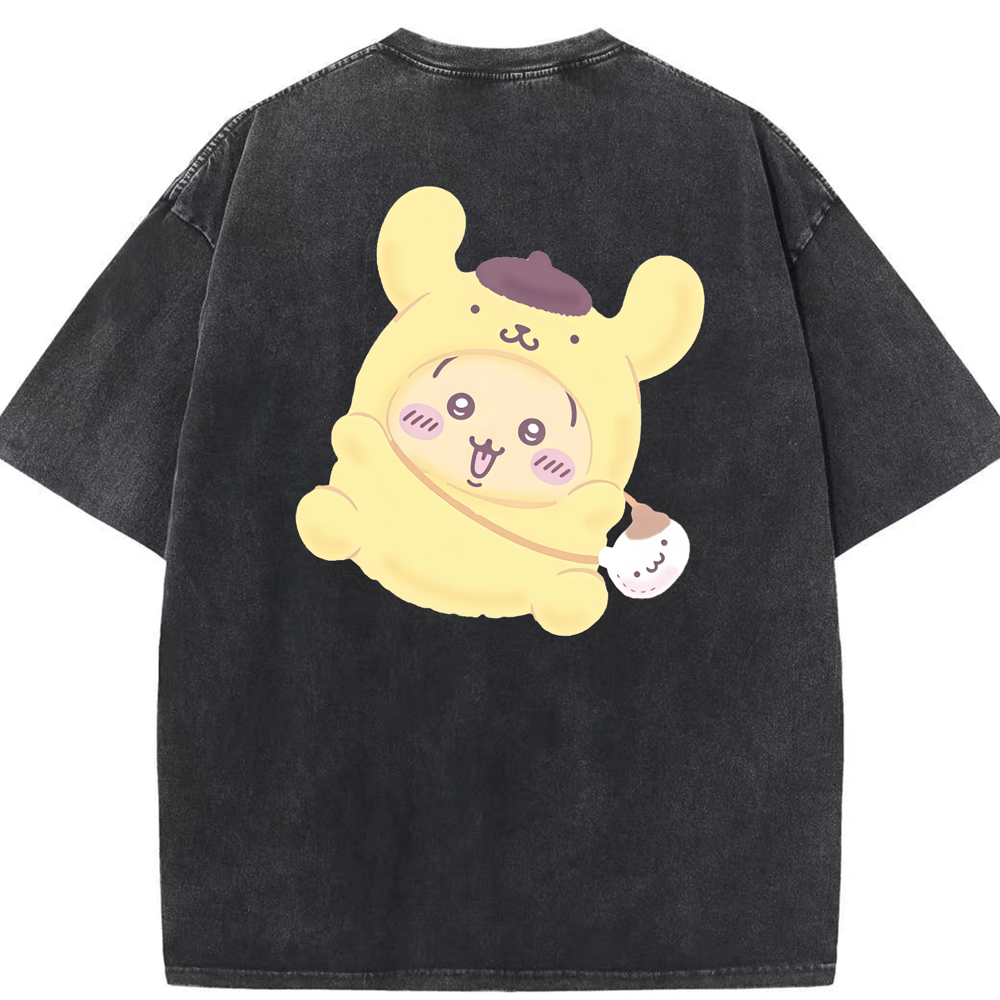 ポムポムプリン&ちいかわ - 綿100％ ヴィンテージ風 半袖Tシャツ ・ 背面プリント ・ 柔らか肌触り ・ 通気性 快適 ・ スポーツ カジュアル 外出用