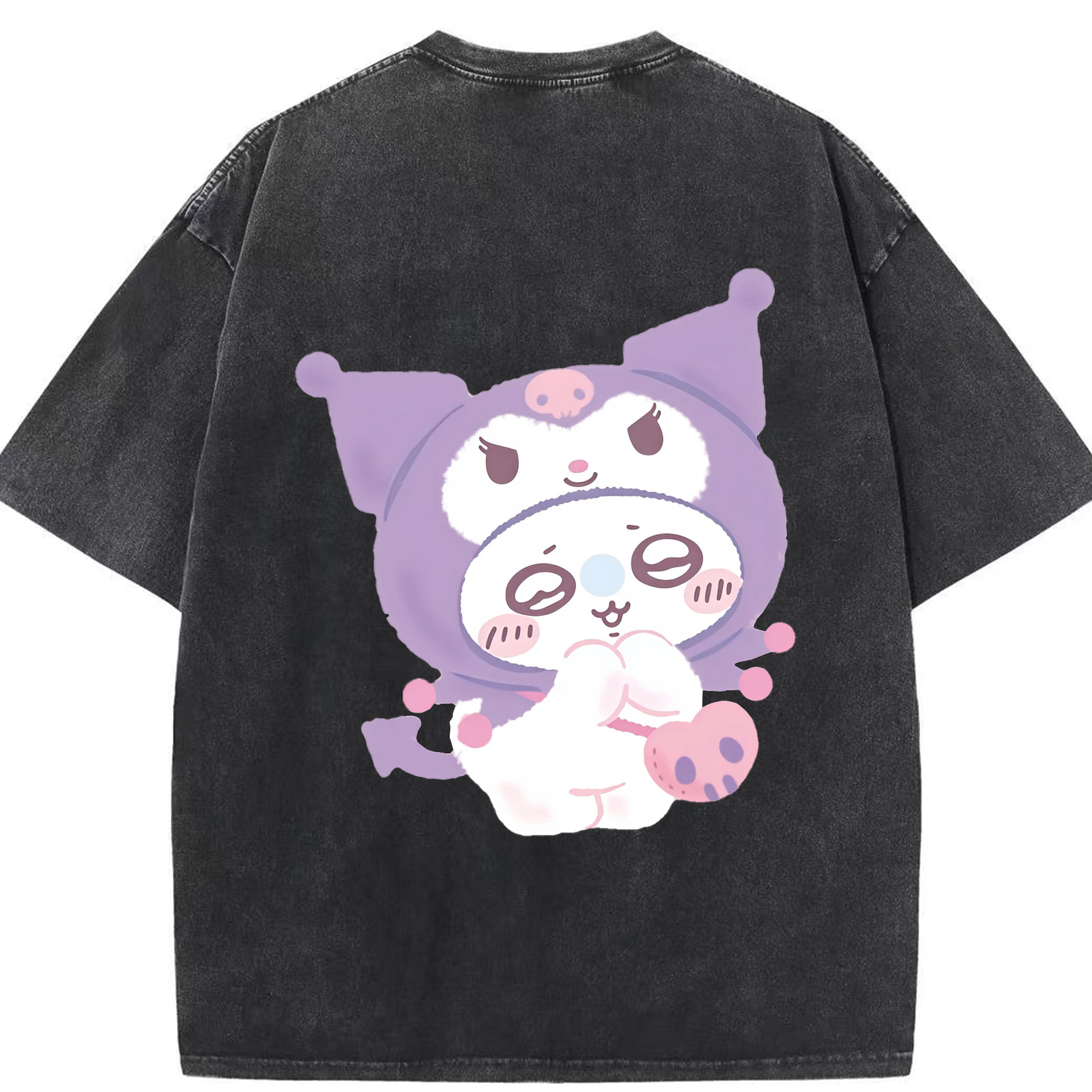 クロミ&ちいかわ - 綿100％ ヴィンテージ風 半袖Tシャツ ・ 背面プリント ・ 柔らか肌触り ・ 通気性 快適 ・ スポーツ カジュアル 外出用