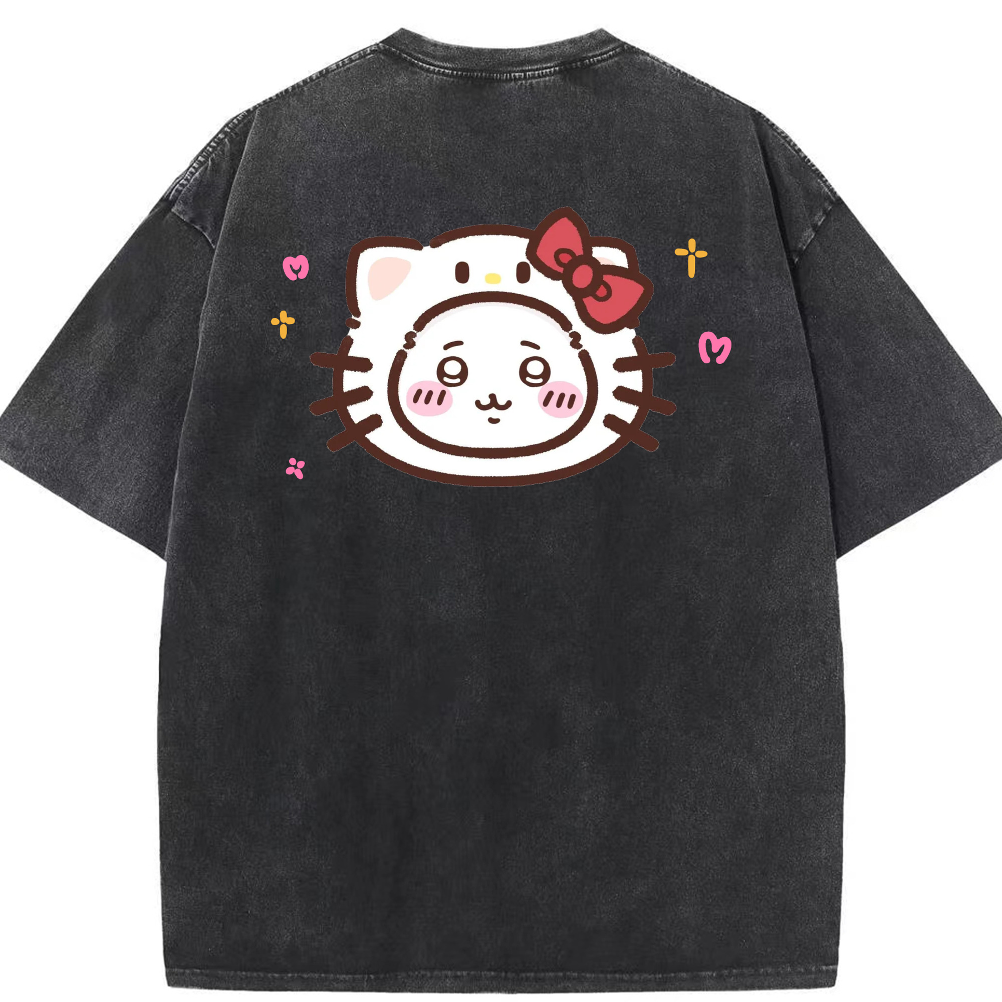 ハローキティ&ちいかわ - 綿100％ ヴィンテージ風 半袖Tシャツ ・ 背面プリント ・ 柔らか肌触り ・ 通気性 快適 ・ スポーツ カジュアル 外出用